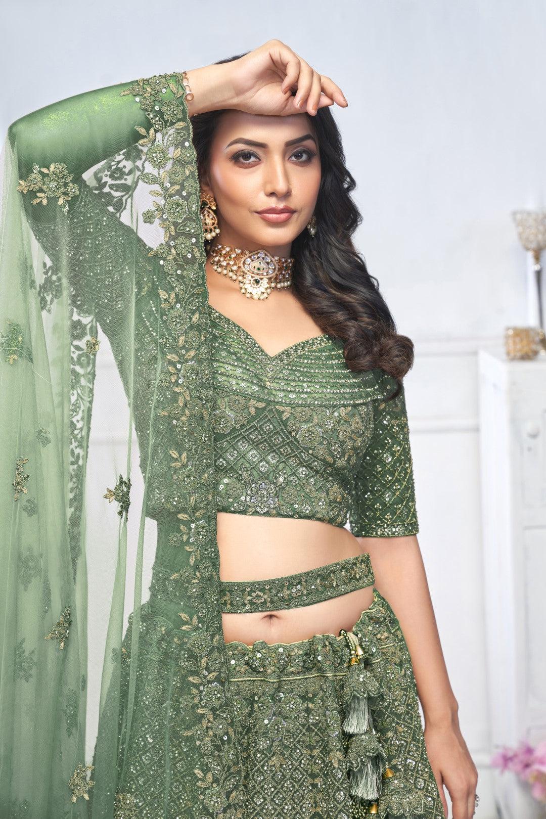 Women's Green Soft Net Embroidery Lehenga Set - Kesar Fab