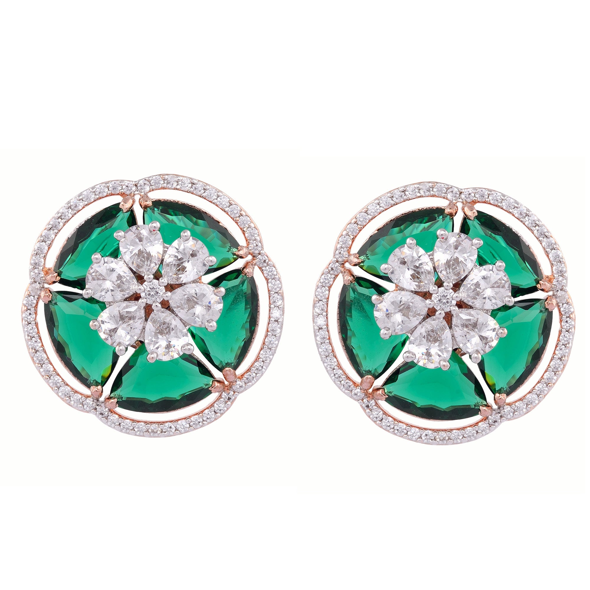 Rose Gold With Green American Diamond Studded Handcrafted Earrings for Women and Girls