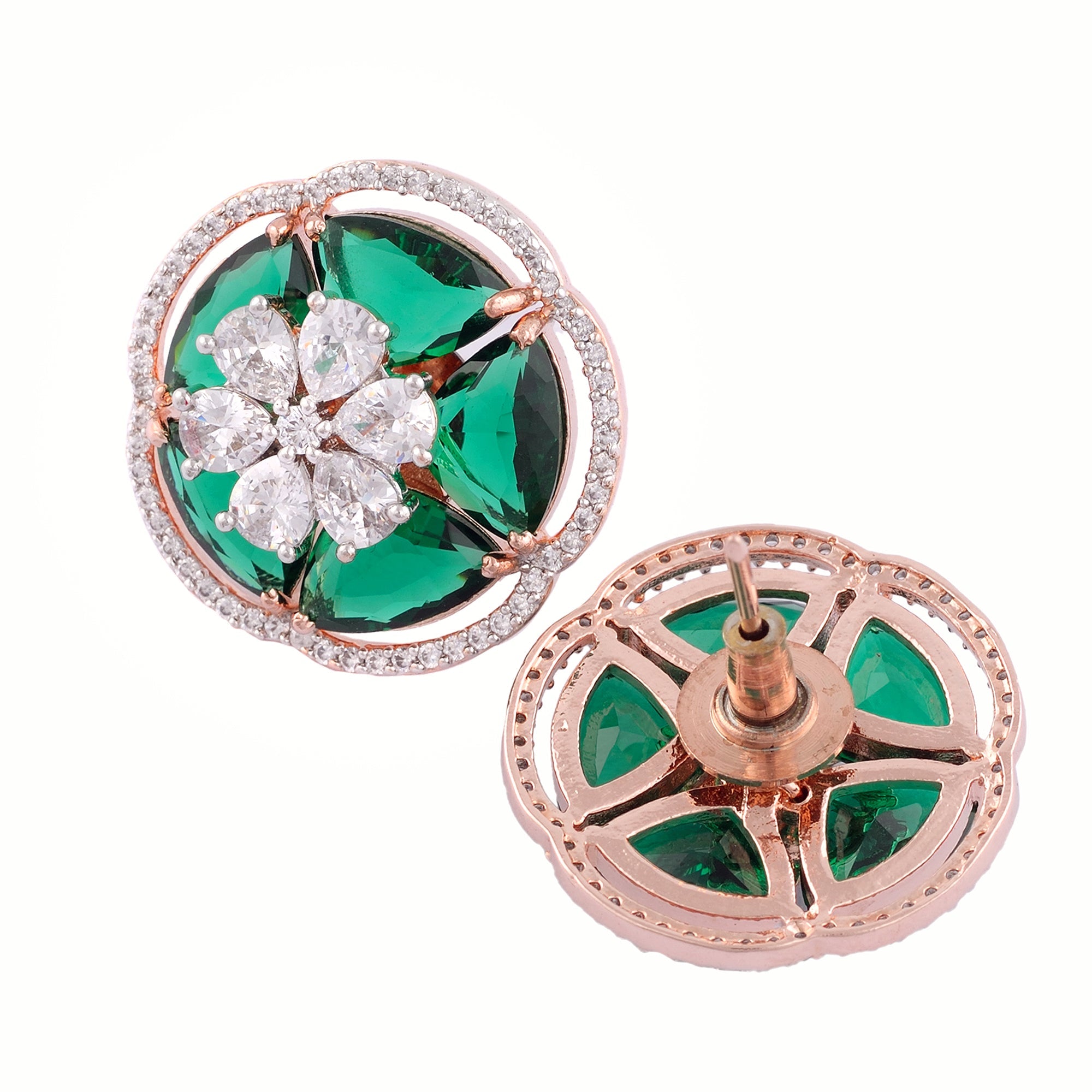 Rose Gold With Green American Diamond Studded Handcrafted Earrings for Women and Girls