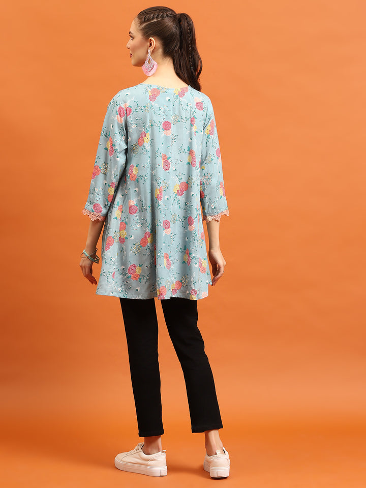 Women's Liva (Rayon) Blue Floral Print Tunic