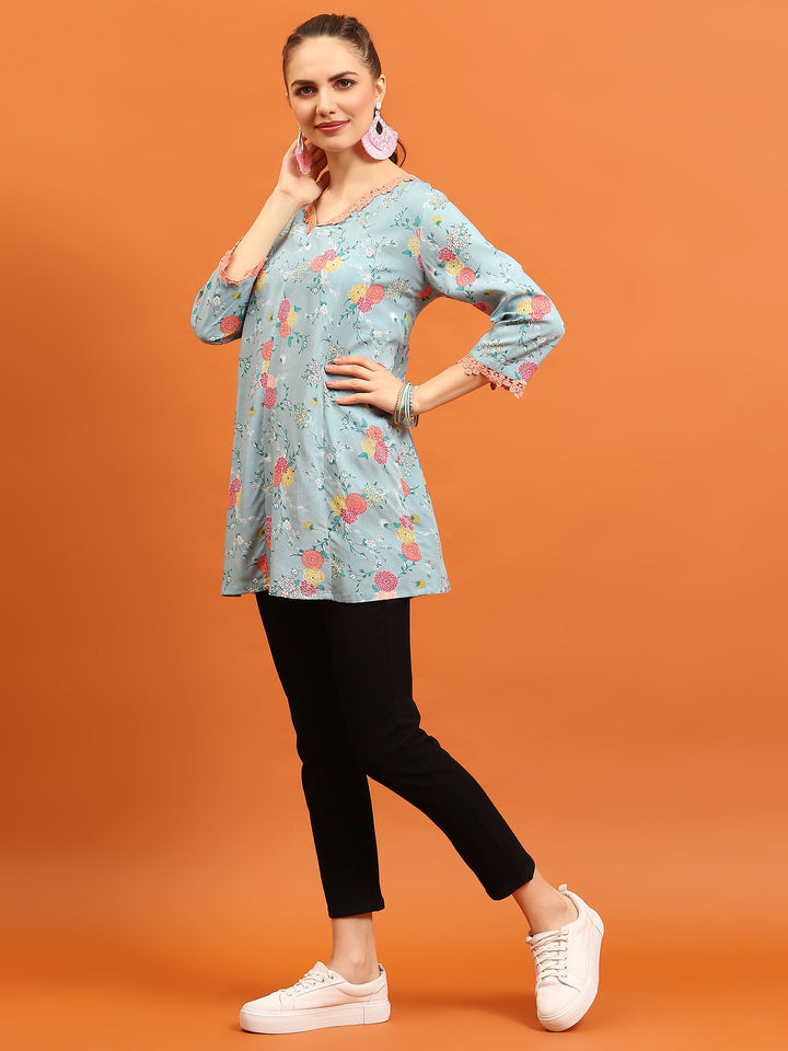 Women's Liva (Rayon) Blue Floral Print Tunic