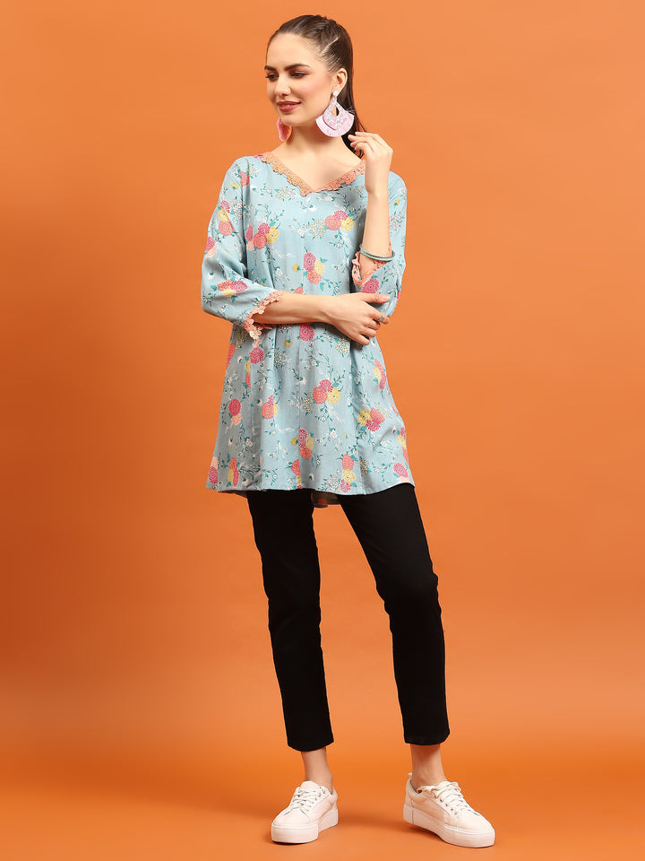 Women's Liva (Rayon) Blue Floral Print Tunic