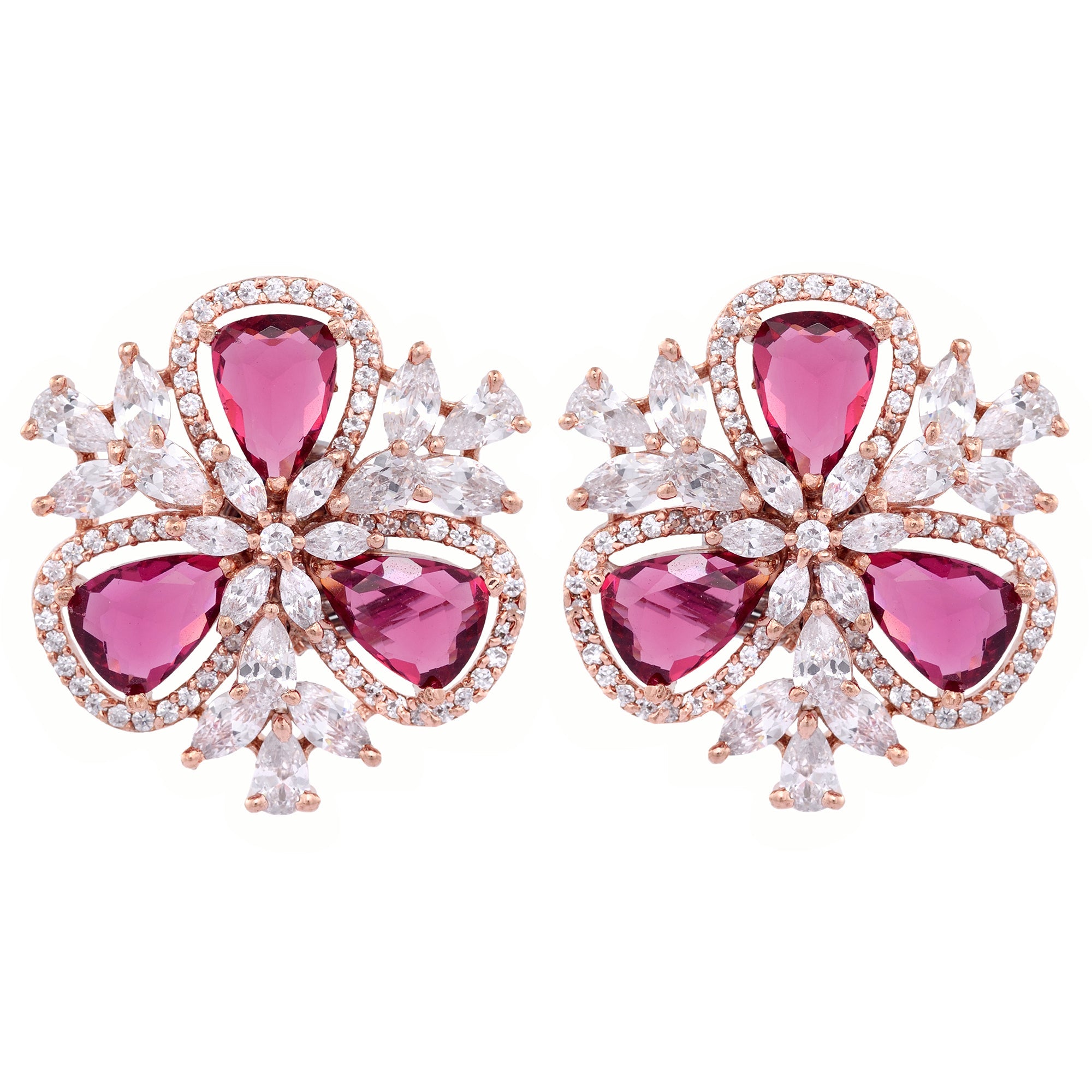 Rose Gold With Ruby American Diamond Studded Handcrafted Earrings for Women and Girls