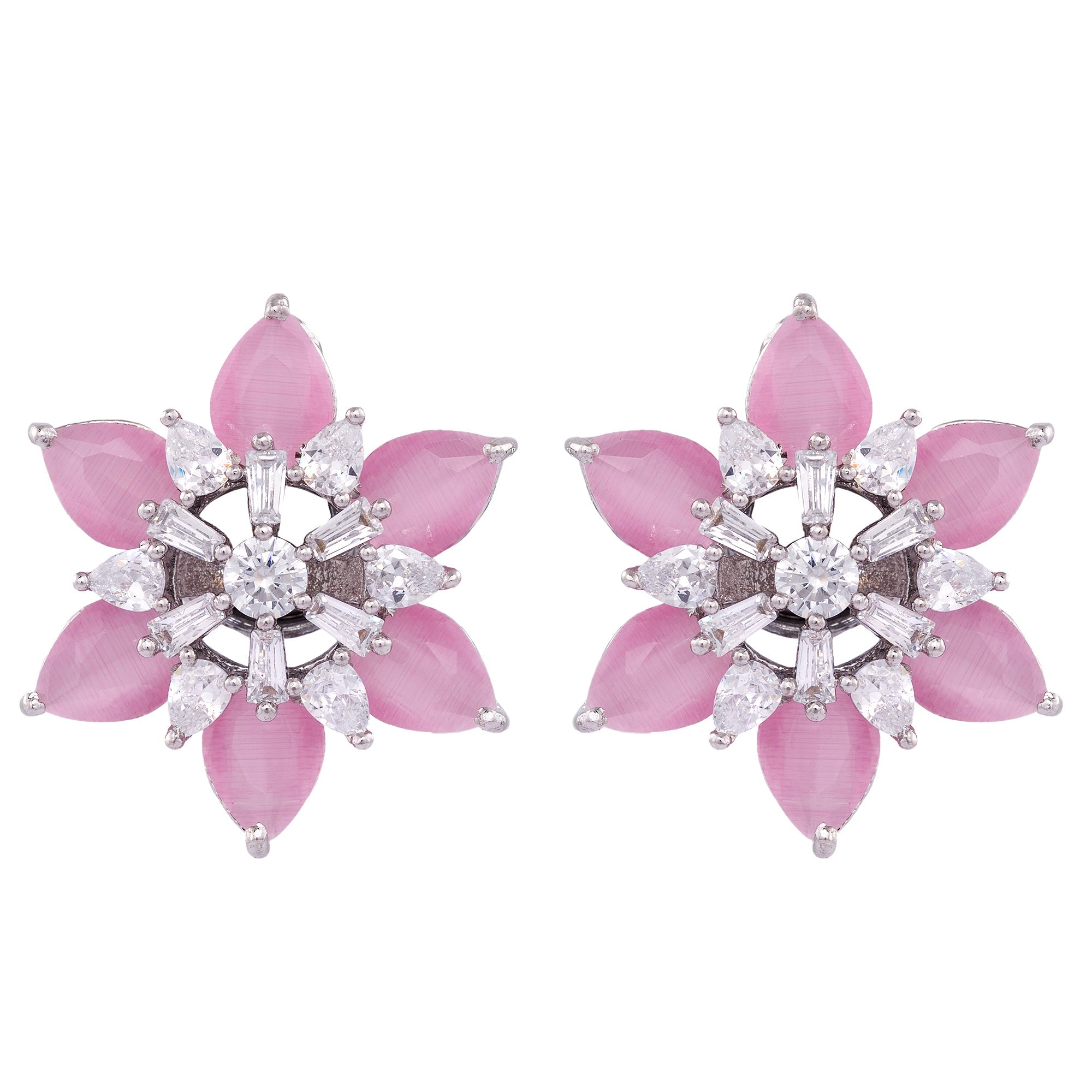 White Rhodium With Pink American Diamond Studded Handcrafted Earrings for Women and Girls