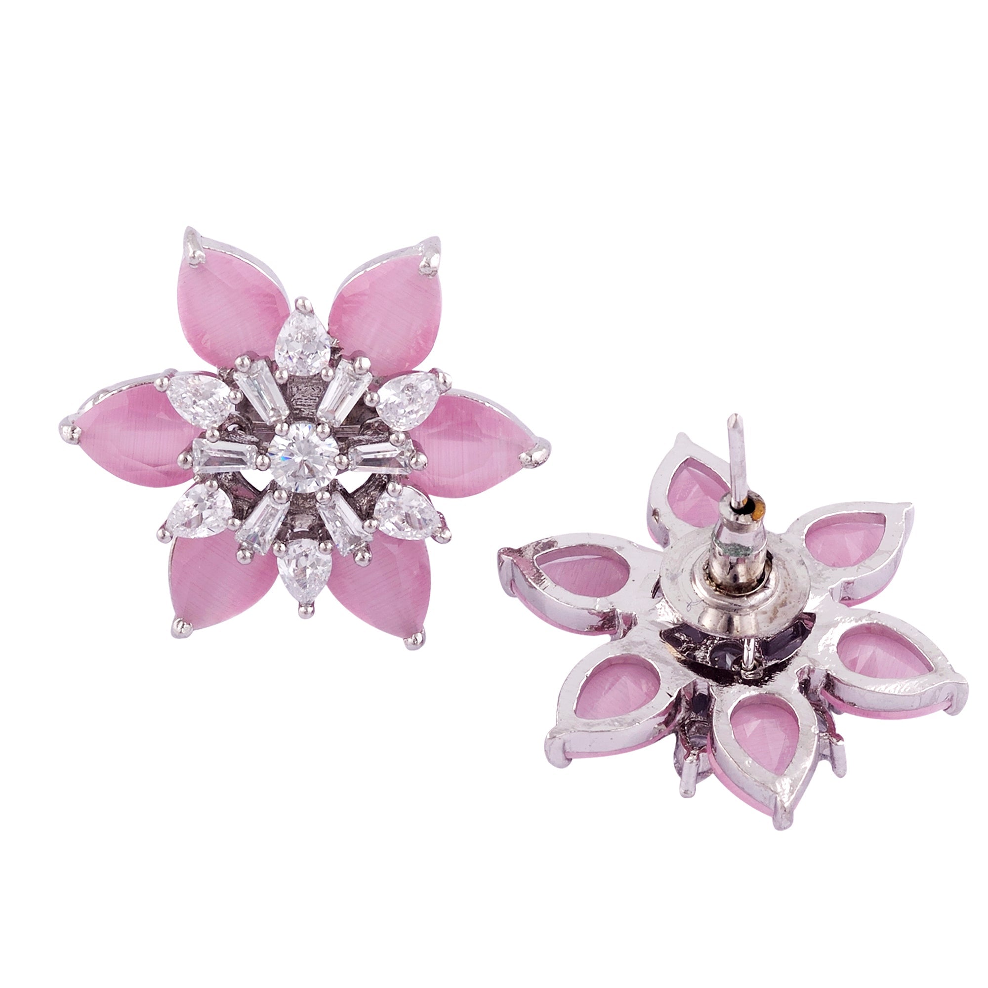 White Rhodium With Pink American Diamond Studded Handcrafted Earrings for Women and Girls