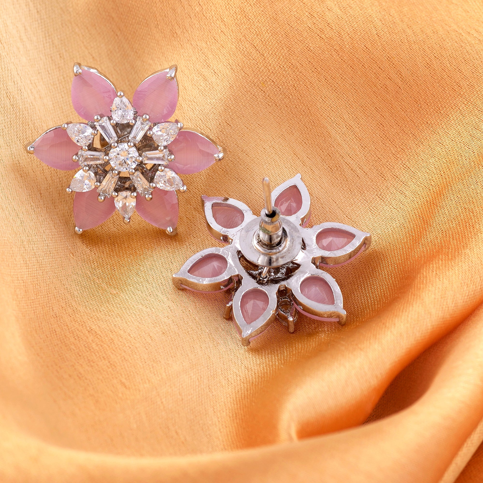 White Rhodium With Pink American Diamond Studded Handcrafted Earrings for Women and Girls
