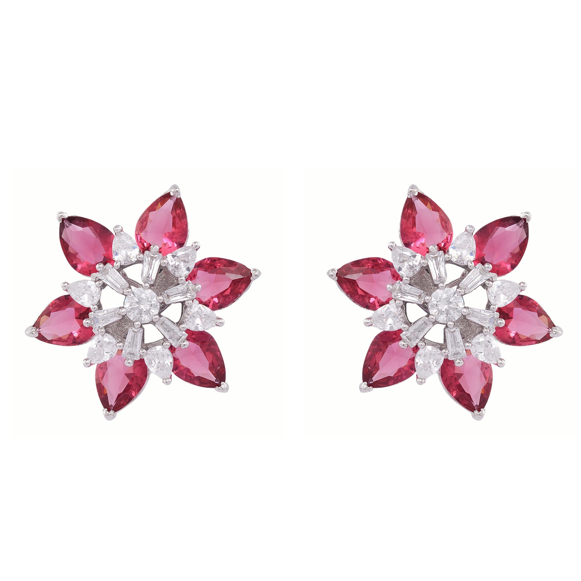 White Rhodium With Ruby American Diamond Studded Handcrafted Earrings for Women and Girls