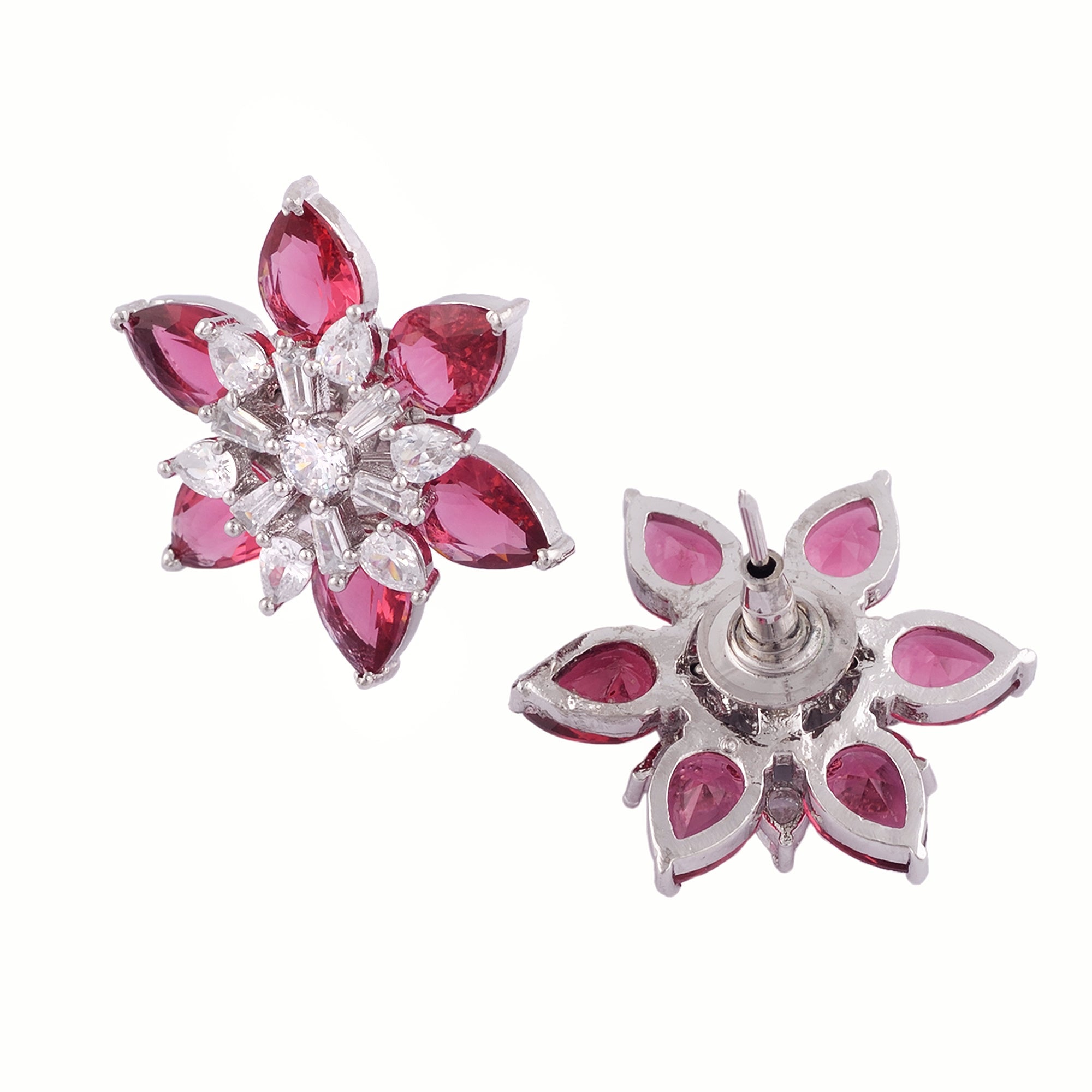 White Rhodium With Ruby American Diamond Studded Handcrafted Earrings for Women and Girls