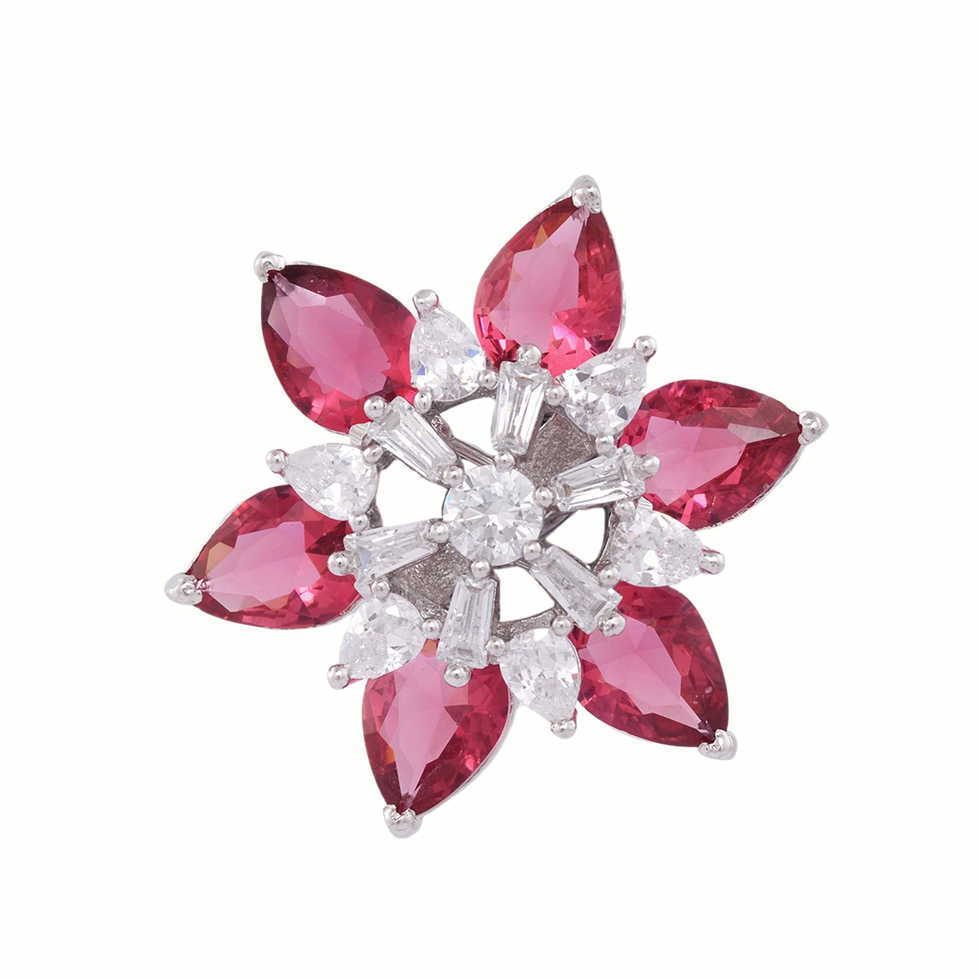 White Rhodium With Ruby American Diamond Studded Handcrafted Earrings for Women and Girls
