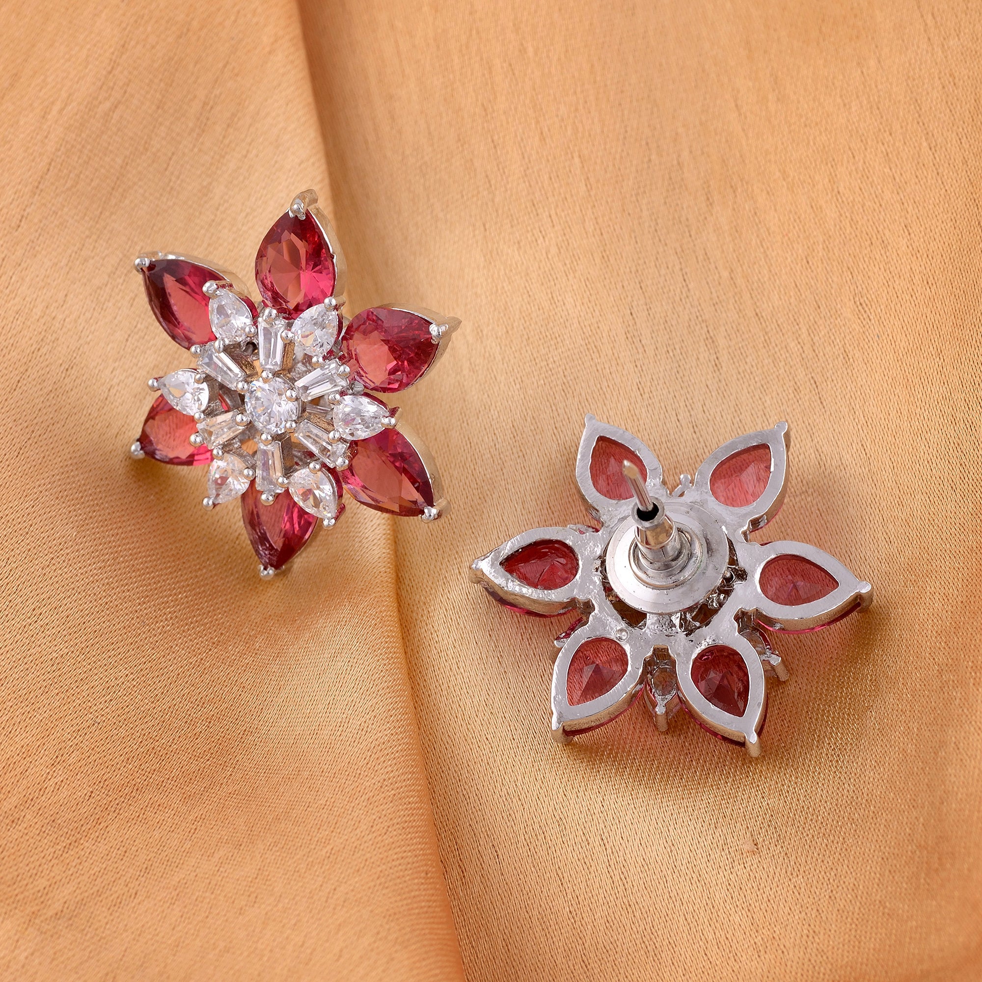 White Rhodium With Ruby American Diamond Studded Handcrafted Earrings for Women and Girls