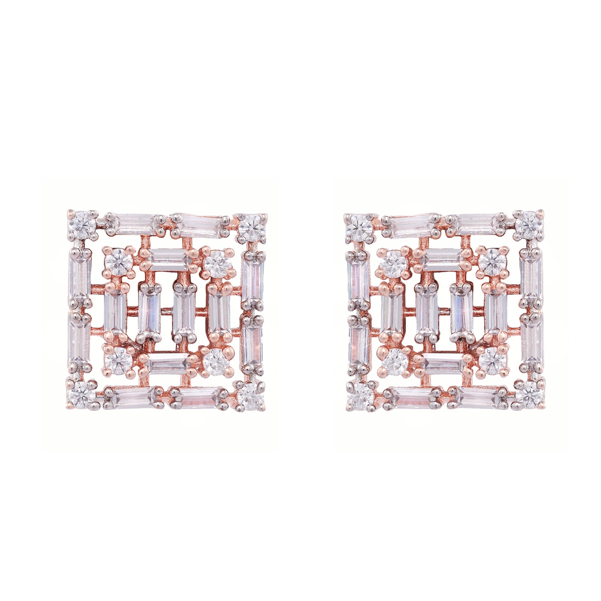Rose Gold With White American Diamond Studded Handcrafted Square Earrings for Women and Girls