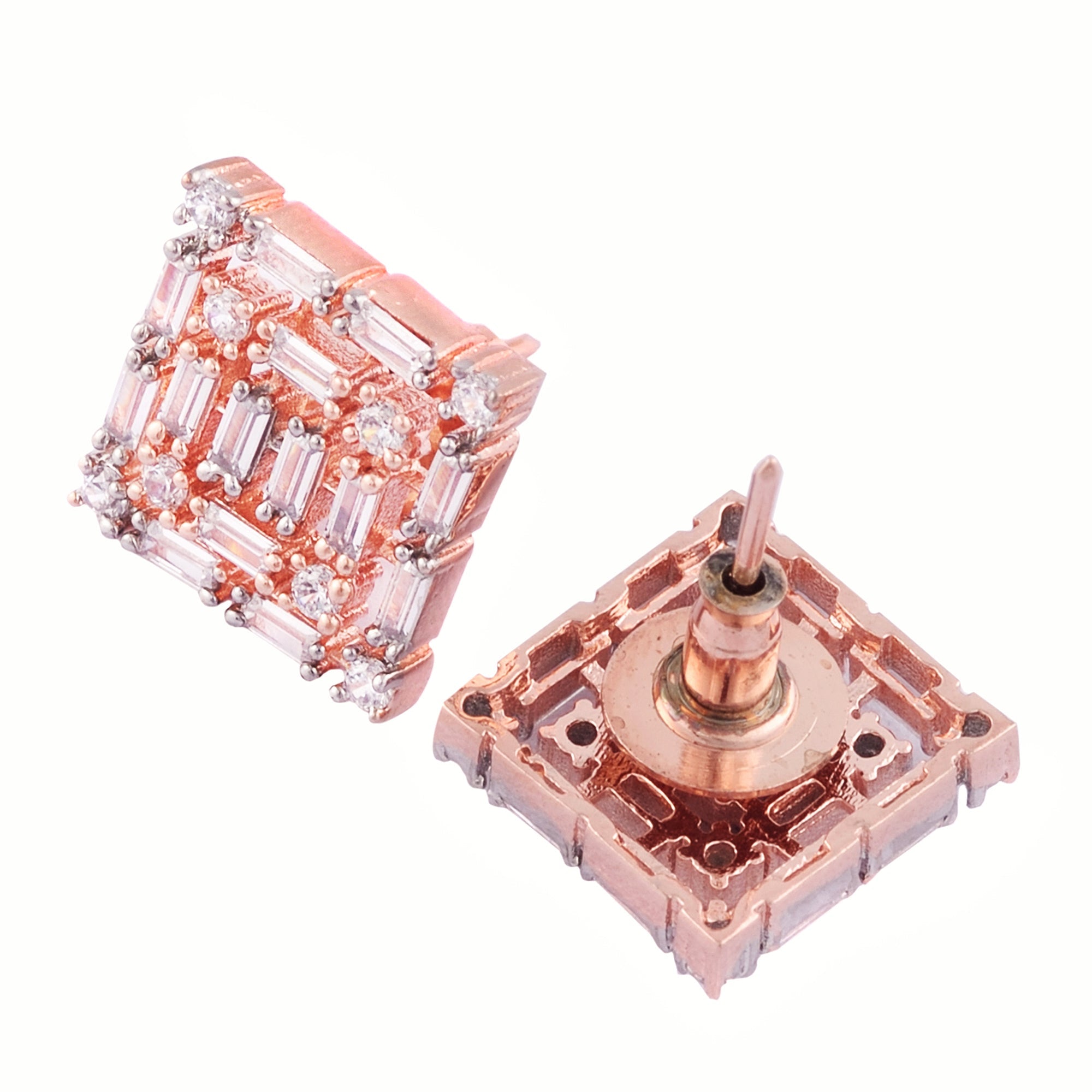 Rose Gold With White American Diamond Studded Handcrafted Square Earrings for Women and Girls