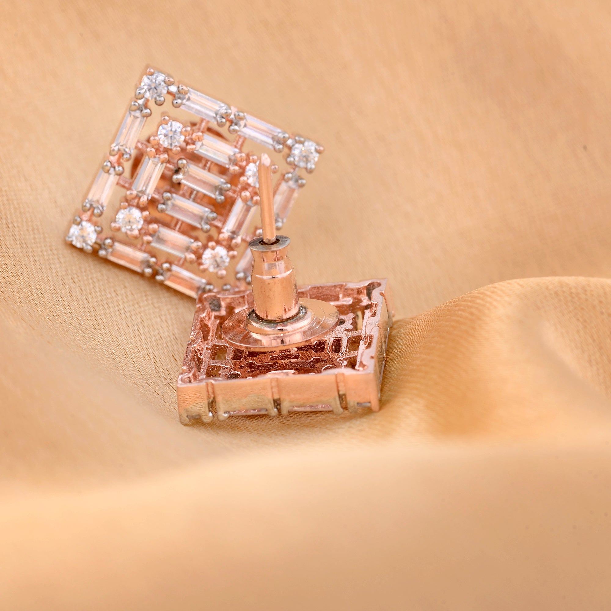 Rose Gold With White American Diamond Studded Handcrafted Square Earrings for Women and Girls