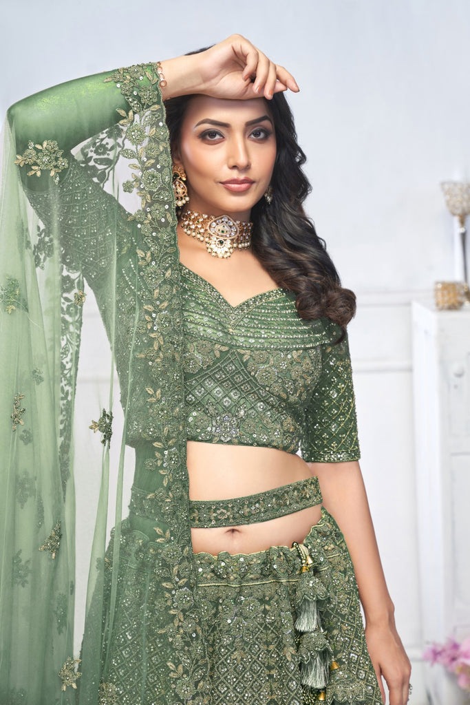 Women's Green Soft Net Embroidery Lehenga Set