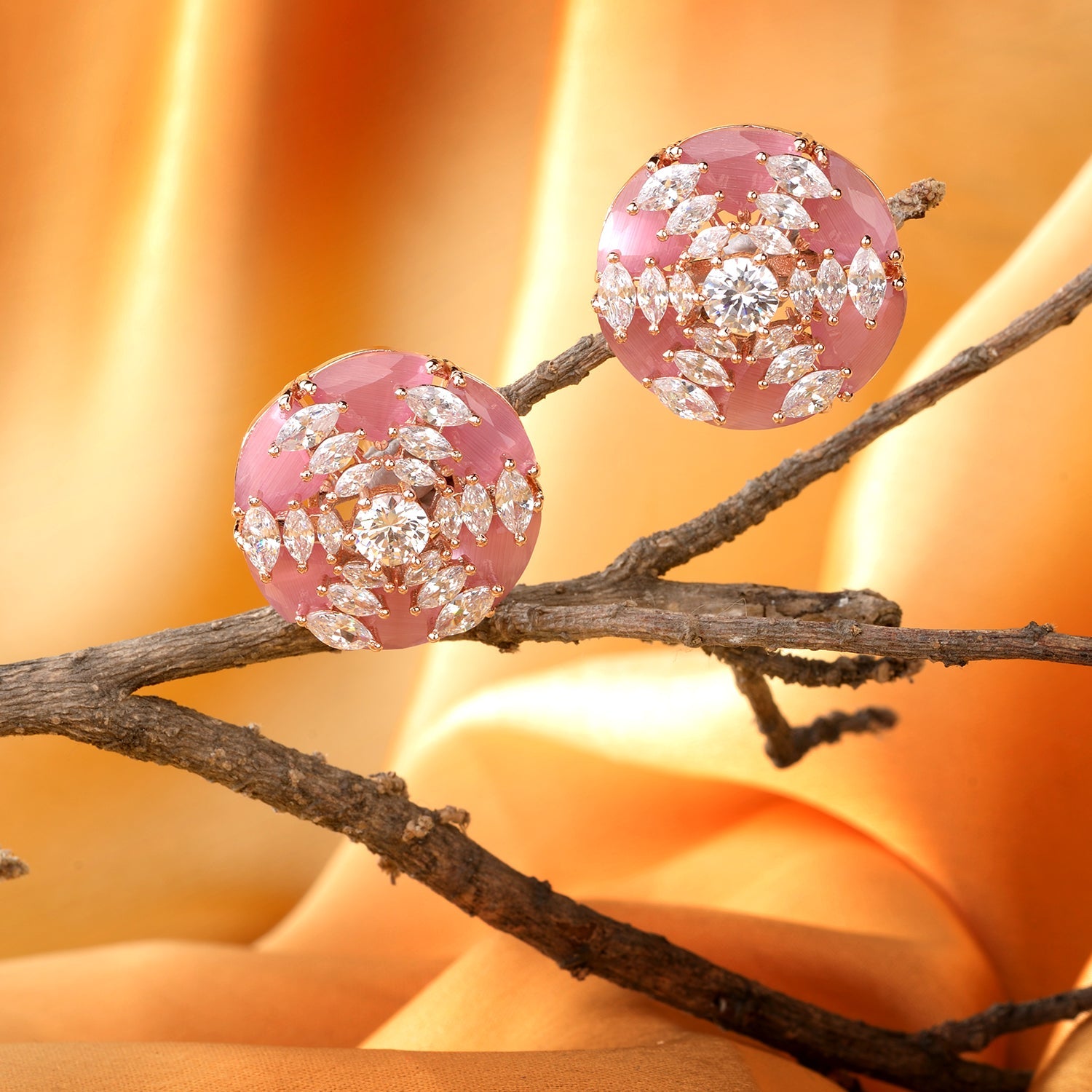 Rose Gold With Pink American Diamond Studded Handcrafted Earrings for Women and Girls