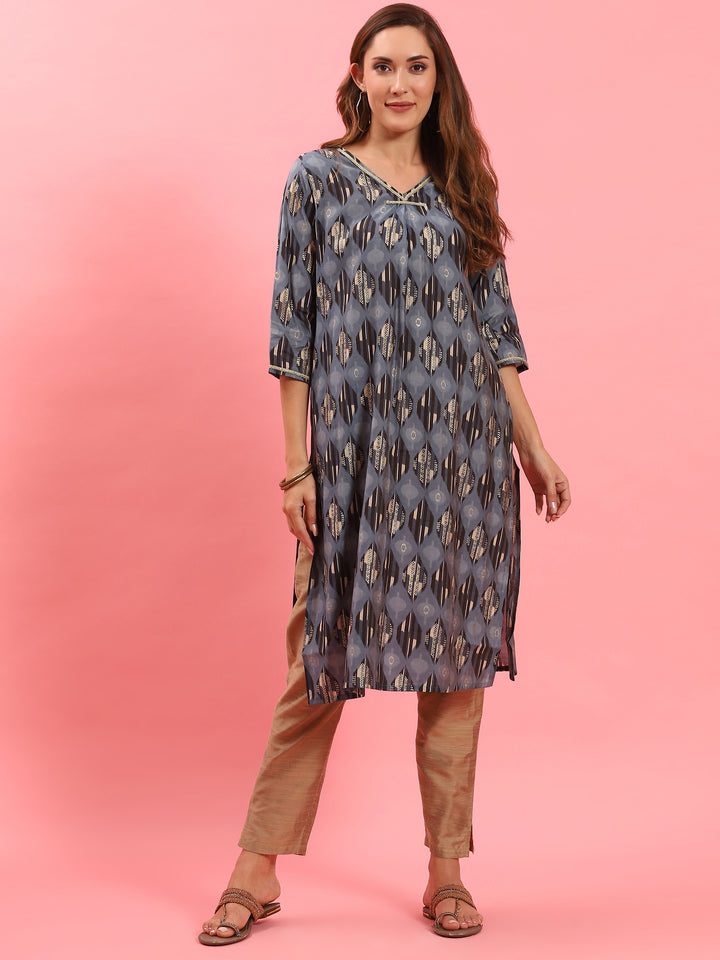 Women's Poly Viscose Blue Abstract Print Kurta
