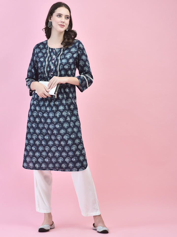 Women's Cotton Indigo Floral Print Kurta