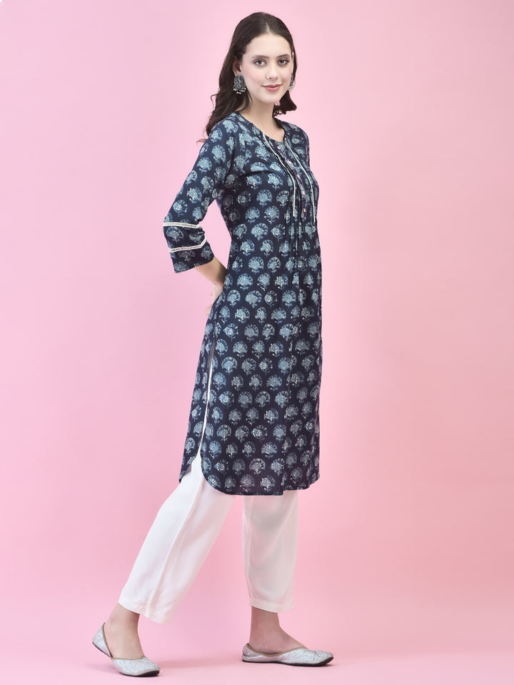 Women's Cotton Indigo Floral Print Kurta