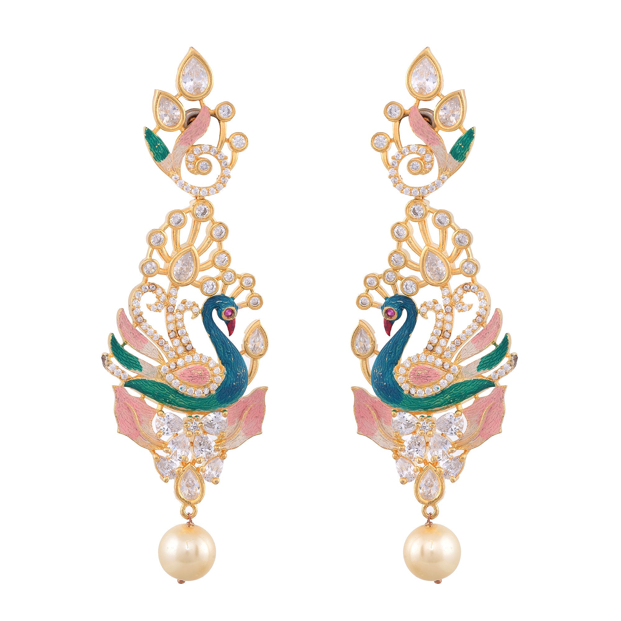 Gold Plated Multicolour Colour Enamelled With American Diamond Studded Handcrafted Peacock Shaped Drop Earrings for Women and Girls