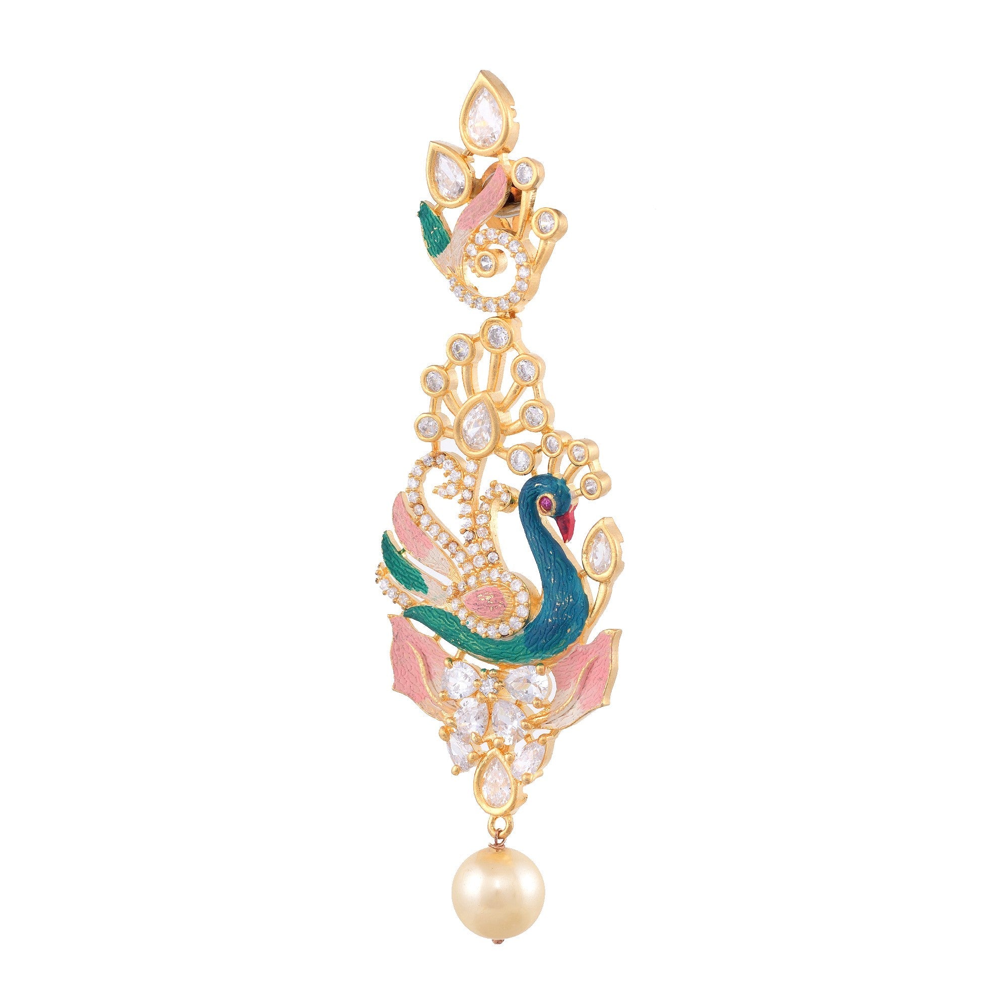 Gold Plated Multicolour Colour Enamelled With American Diamond Studded Handcrafted Peacock Shaped Drop Earrings for Women and Girls