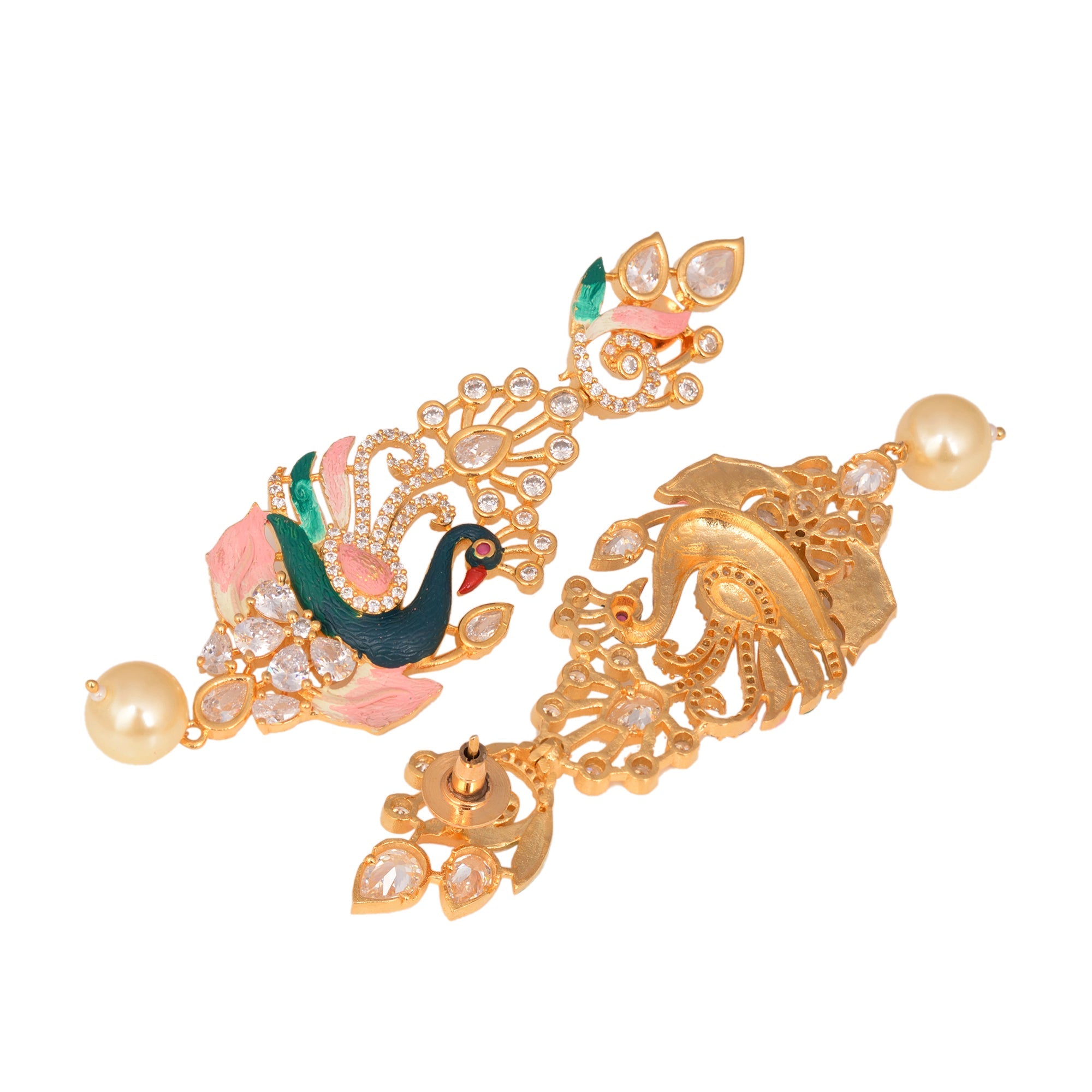 Gold Plated Multicolour Colour Enamelled With American Diamond Studded Handcrafted Peacock Shaped Drop Earrings for Women and Girls