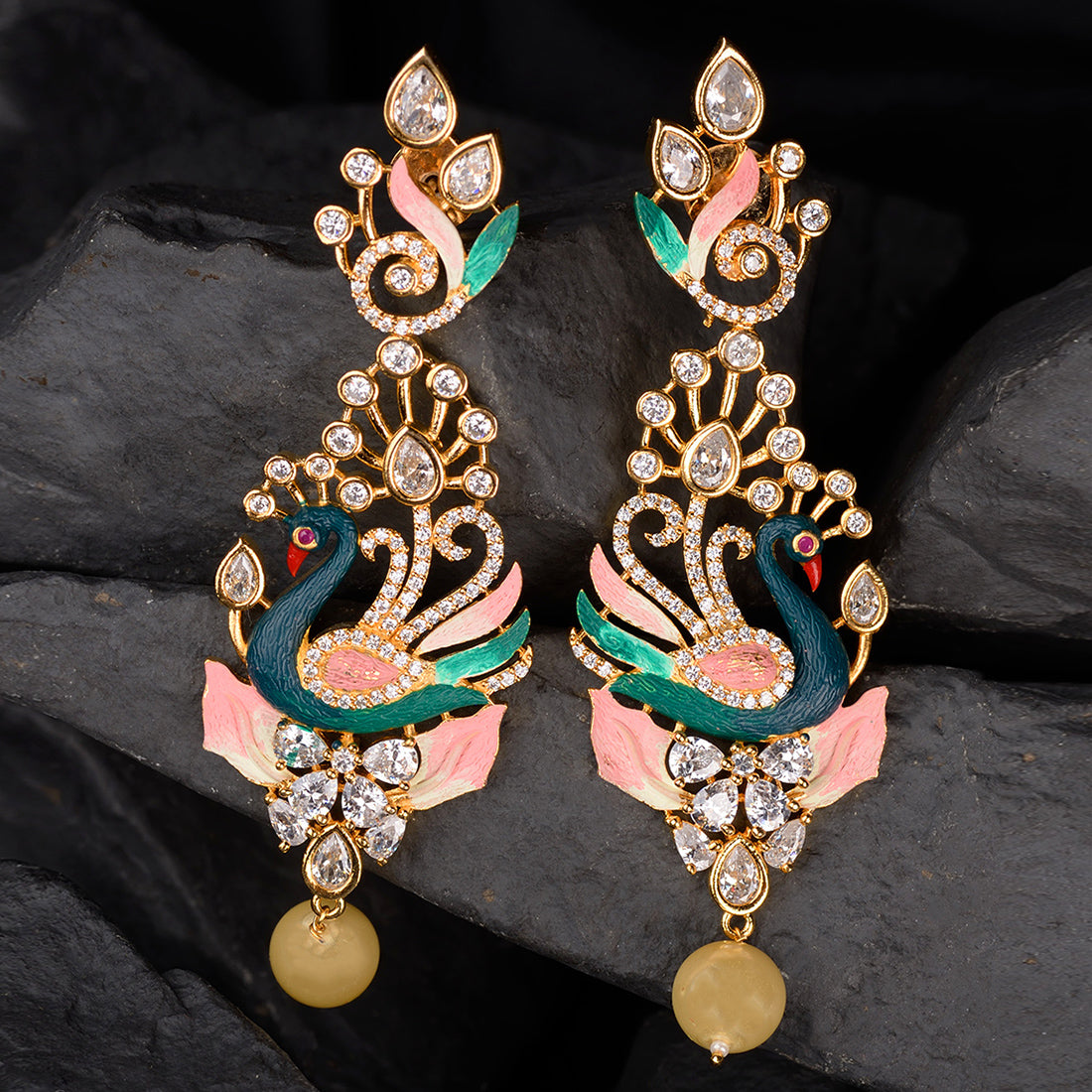 Gold Plated Multicolour Colour Enamelled With American Diamond Studded Handcrafted Peacock Shaped Drop Earrings for Women and Girls