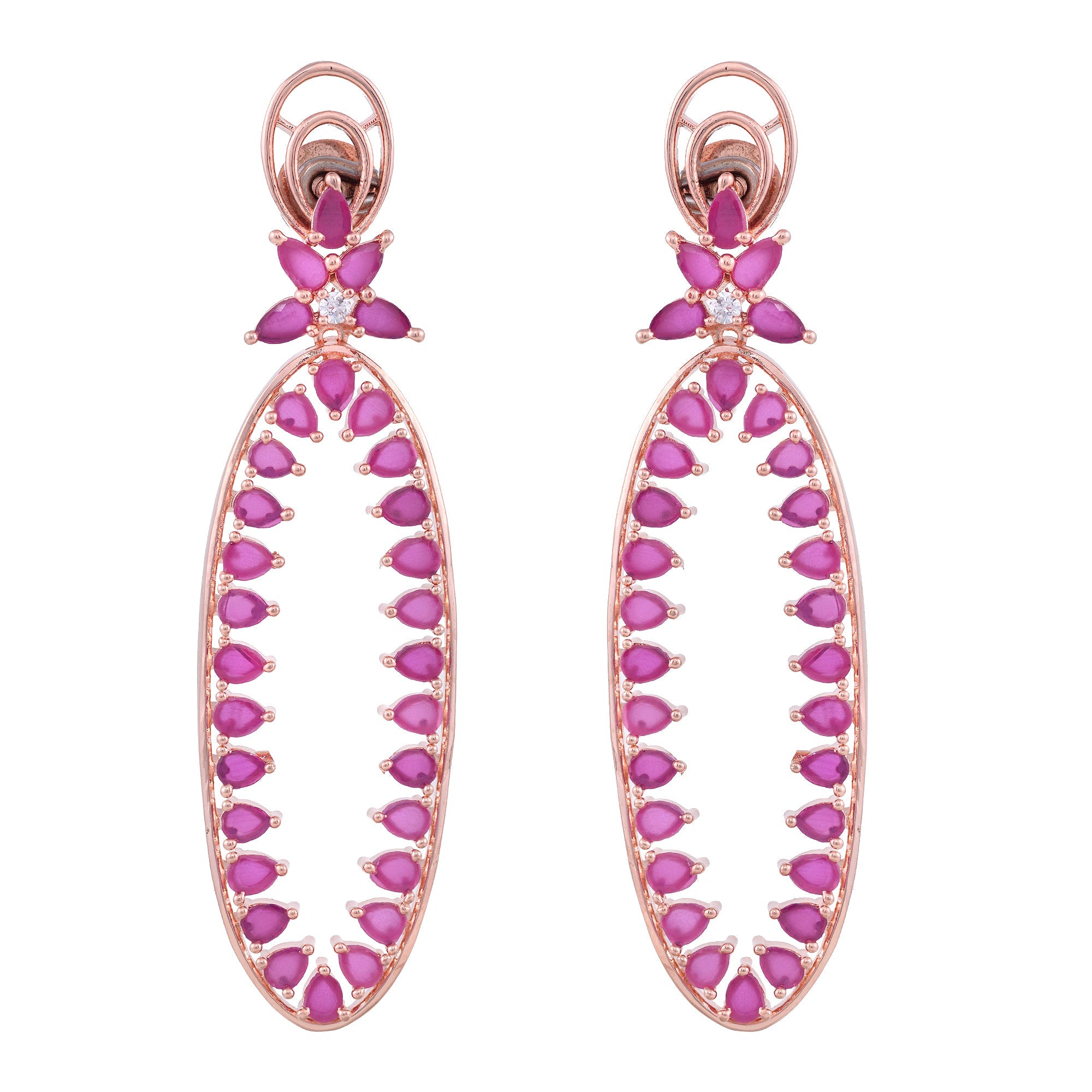 Rose Gold Plated Ruby Colour American Diamond Studded Handcrafted Dangler Earrings for Women and Girls