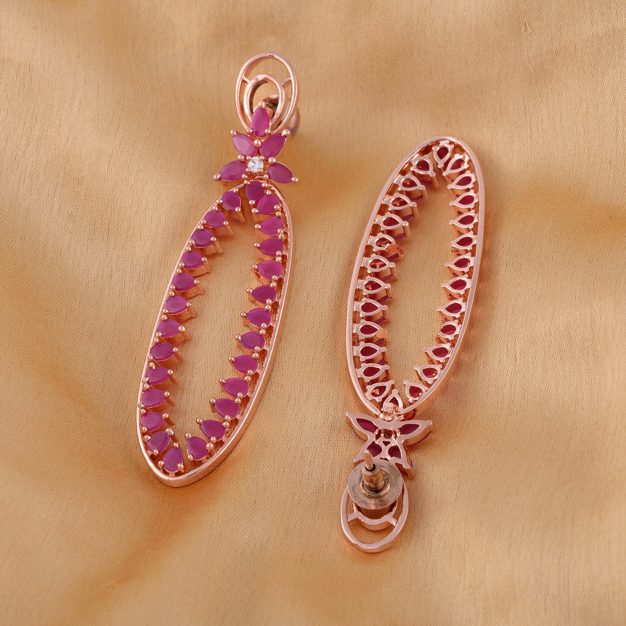 Rose Gold Plated Ruby Colour American Diamond Studded Handcrafted Dangler Earrings for Women and Girls