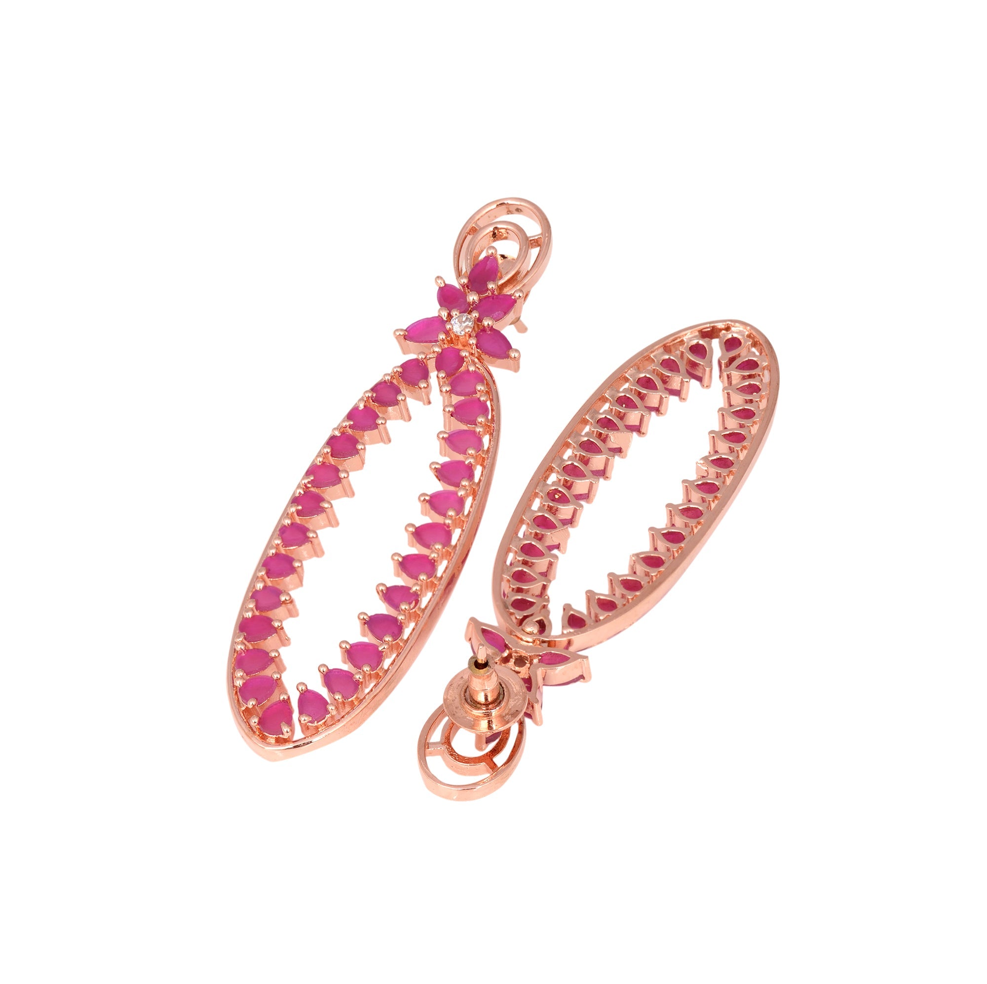 Rose Gold Plated Ruby Colour American Diamond Studded Handcrafted Dangler Earrings for Women and Girls