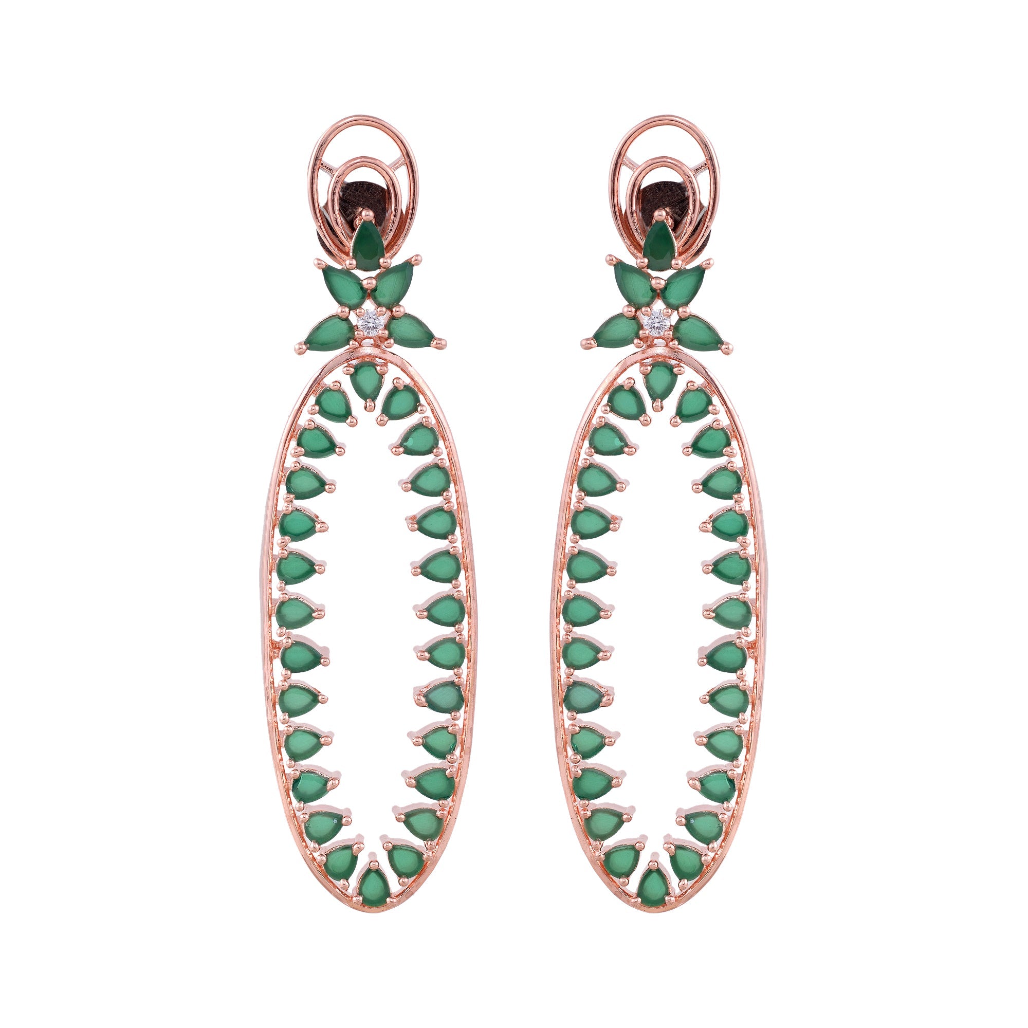 Rose Gold Plated Green Colour American Diamond Studded Handcrafted Dangler Earrings for Women and Girls