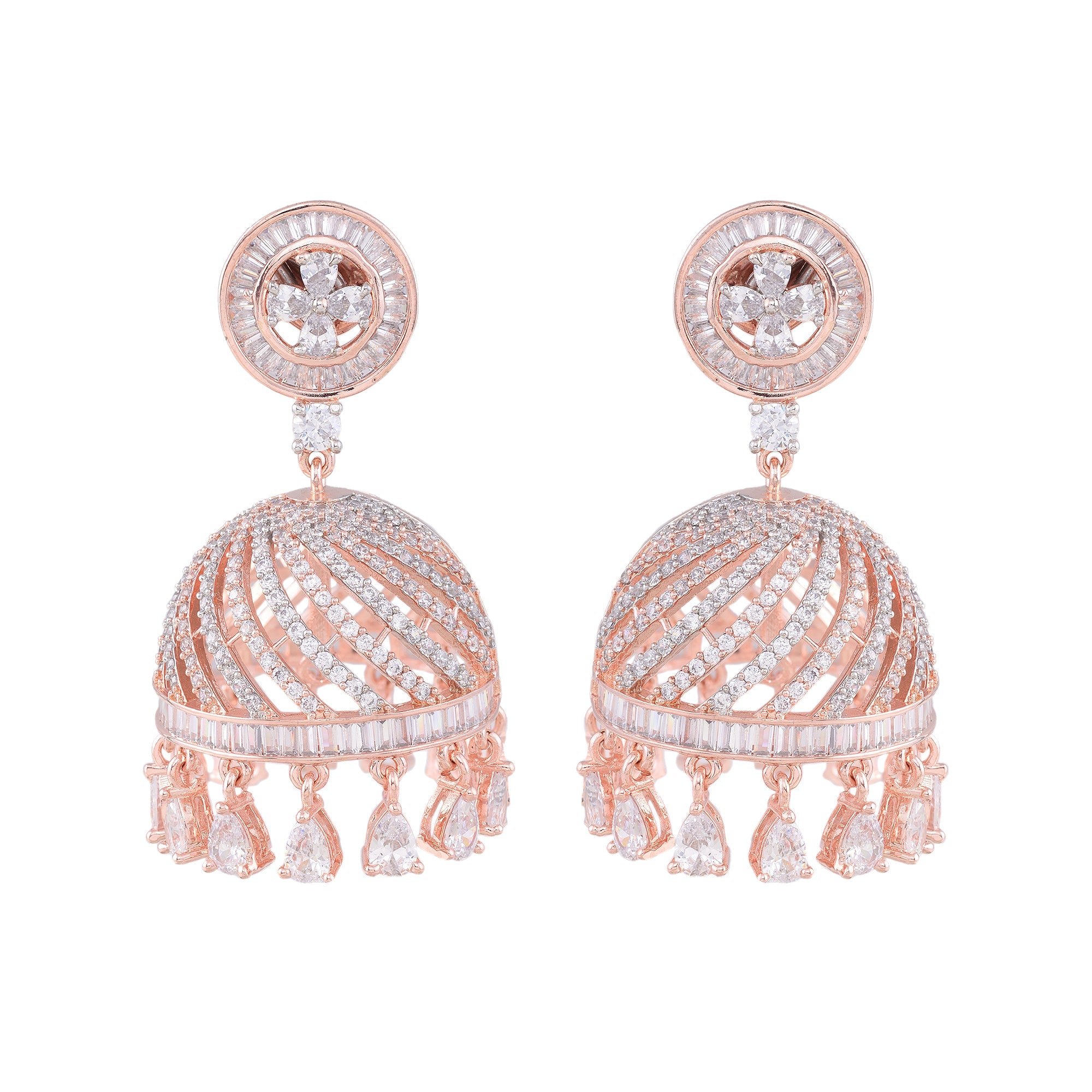 Rose Gold Plated With American Diamond Studded Handcrafted Dome Shaped Jhumka for Women and Girls