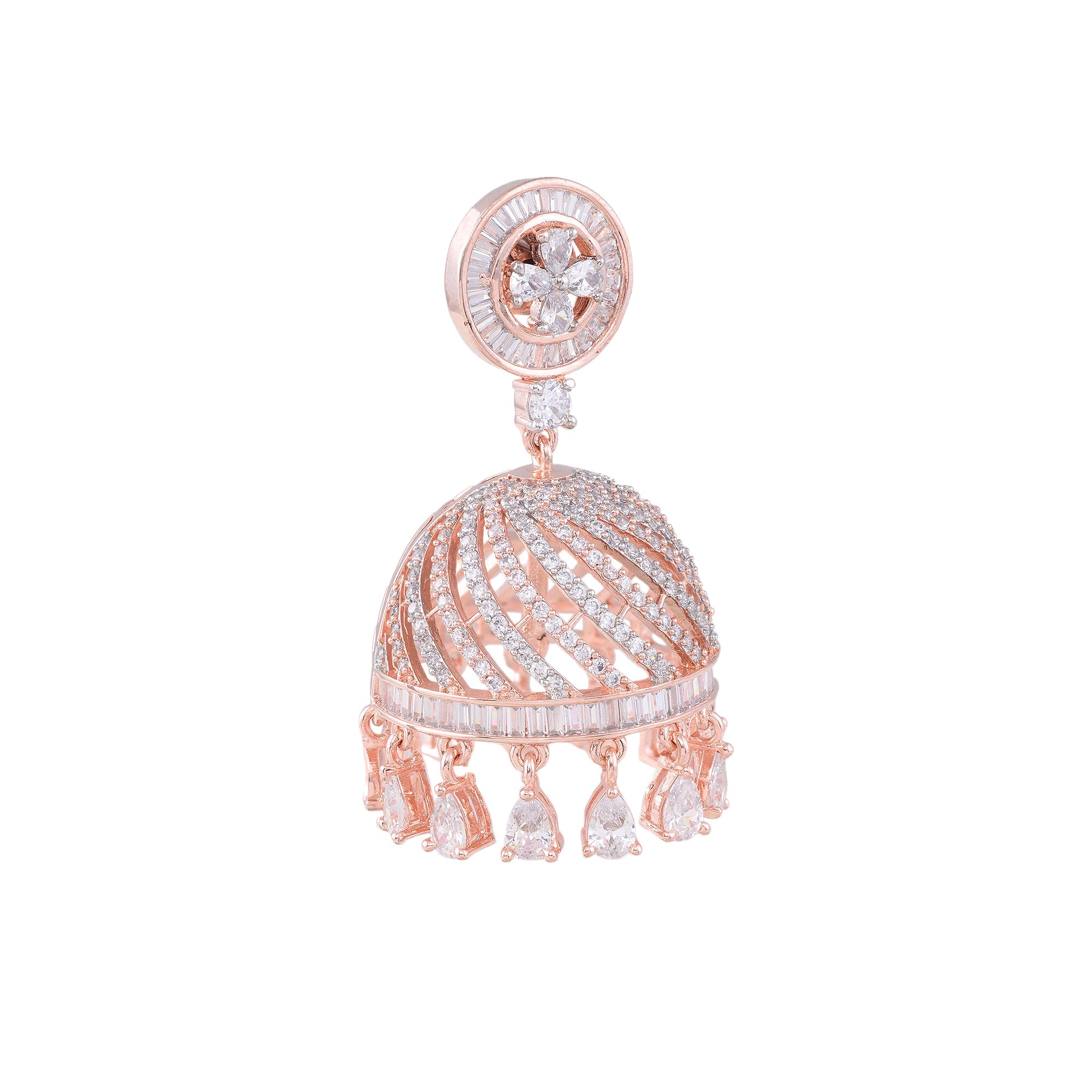 Rose Gold Plated With American Diamond Studded Handcrafted Dome Shaped Jhumka for Women and Girls