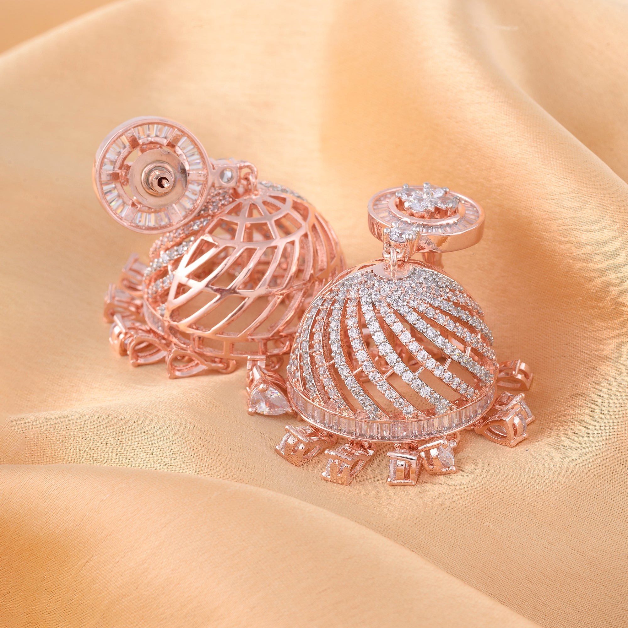 Rose Gold Plated With American Diamond Studded Handcrafted Dome Shaped Jhumka for Women and Girls