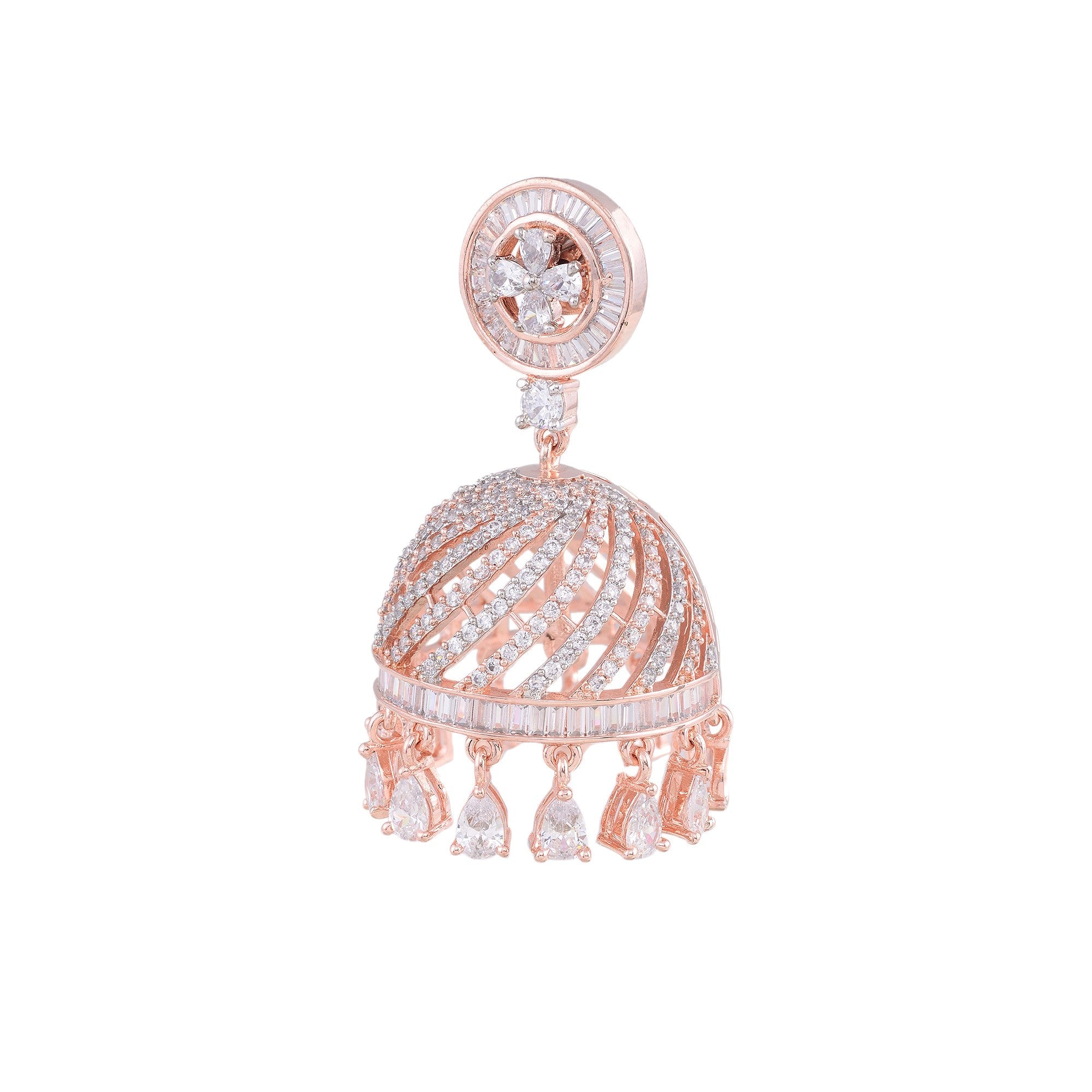Rose Gold Plated With American Diamond Studded Handcrafted Dome Shaped Jhumka for Women and Girls