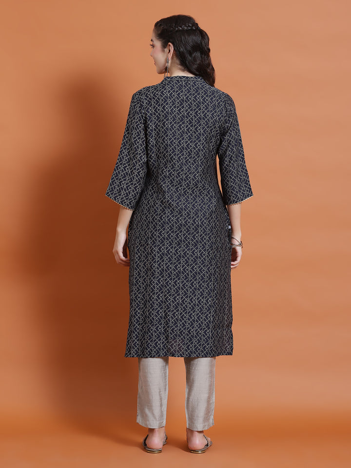 Women's Chanderi Navy Blue Geometric Print Kurta With Trouser