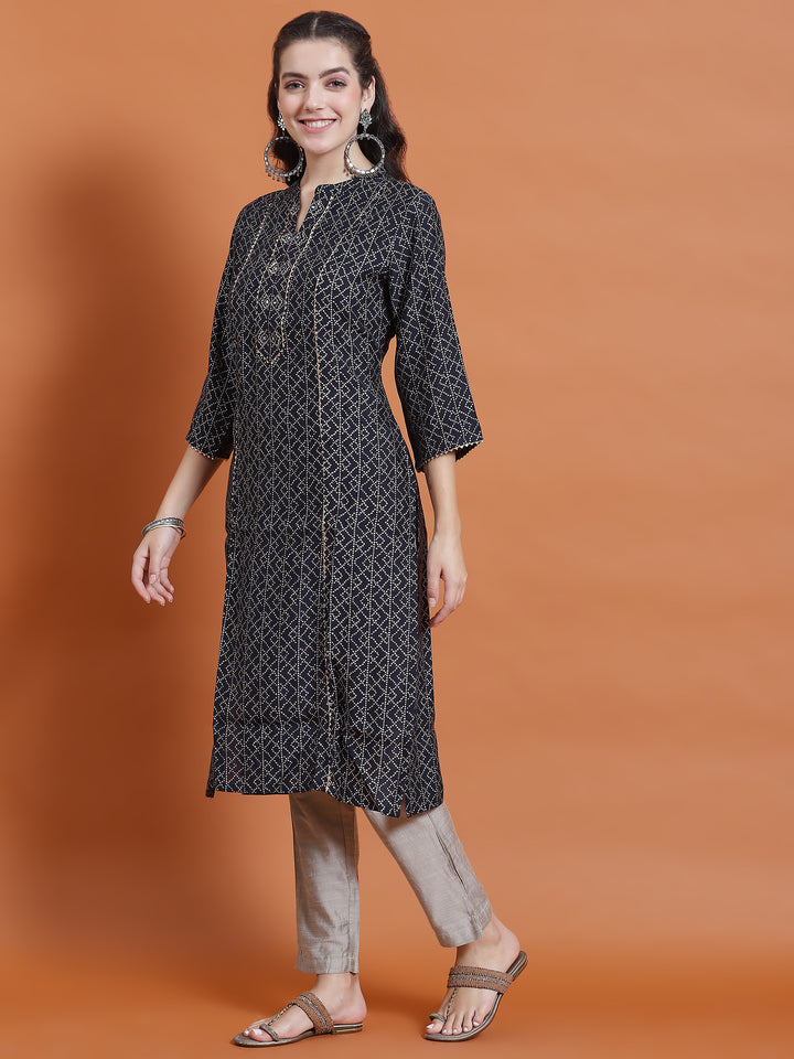 Women's Chanderi Navy Blue Geometric Print Kurta With Trouser