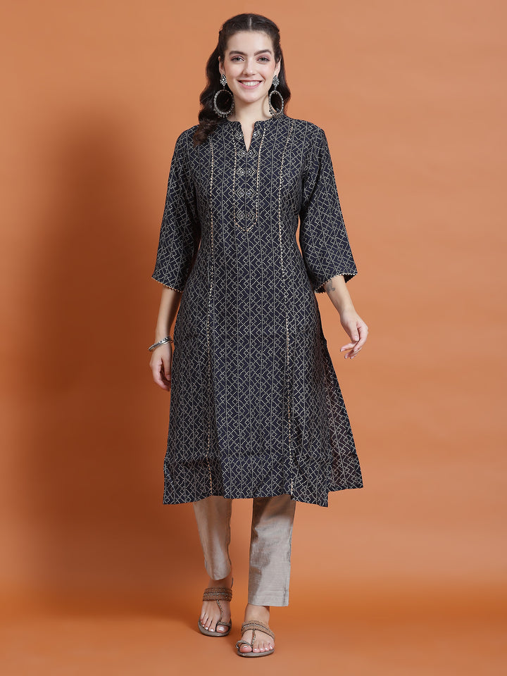 Women's Chanderi Navy Blue Geometric Print Kurta With Trouser