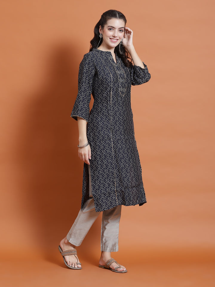 Women's Chanderi Navy Blue Geometric Print Kurta With Trouser