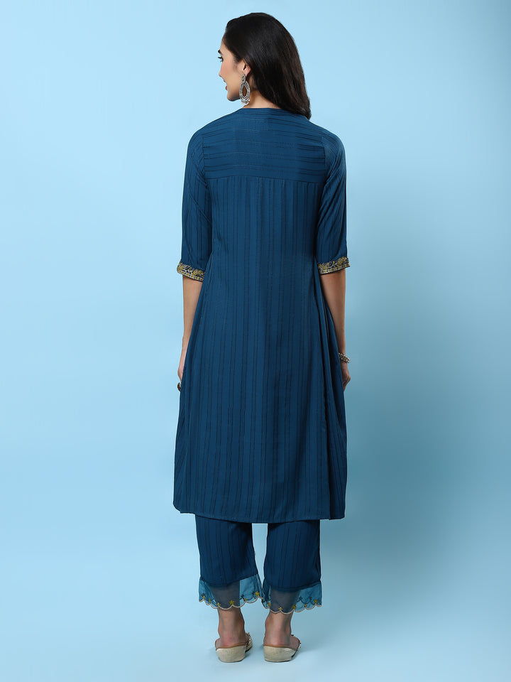 Women's Poly Viscose Blue Embroidered Kurta With Comfort Pant