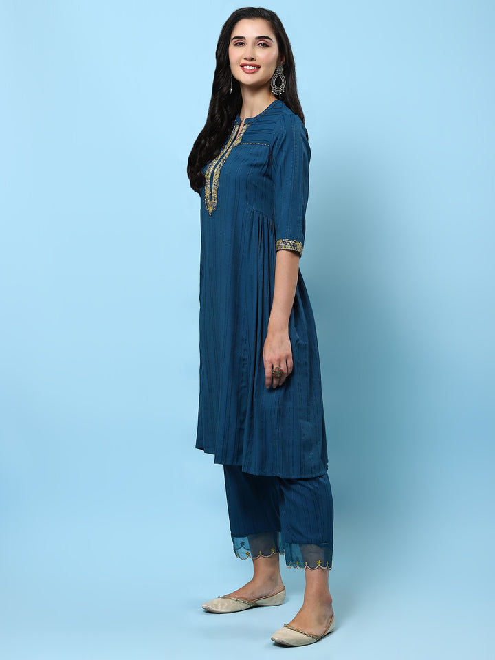 Women's Poly Viscose Blue Embroidered Kurta With Comfort Pant