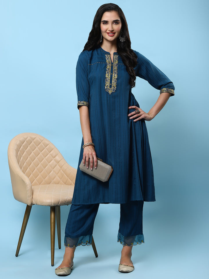 Women's Poly Viscose Blue Embroidered Kurta With Comfort Pant