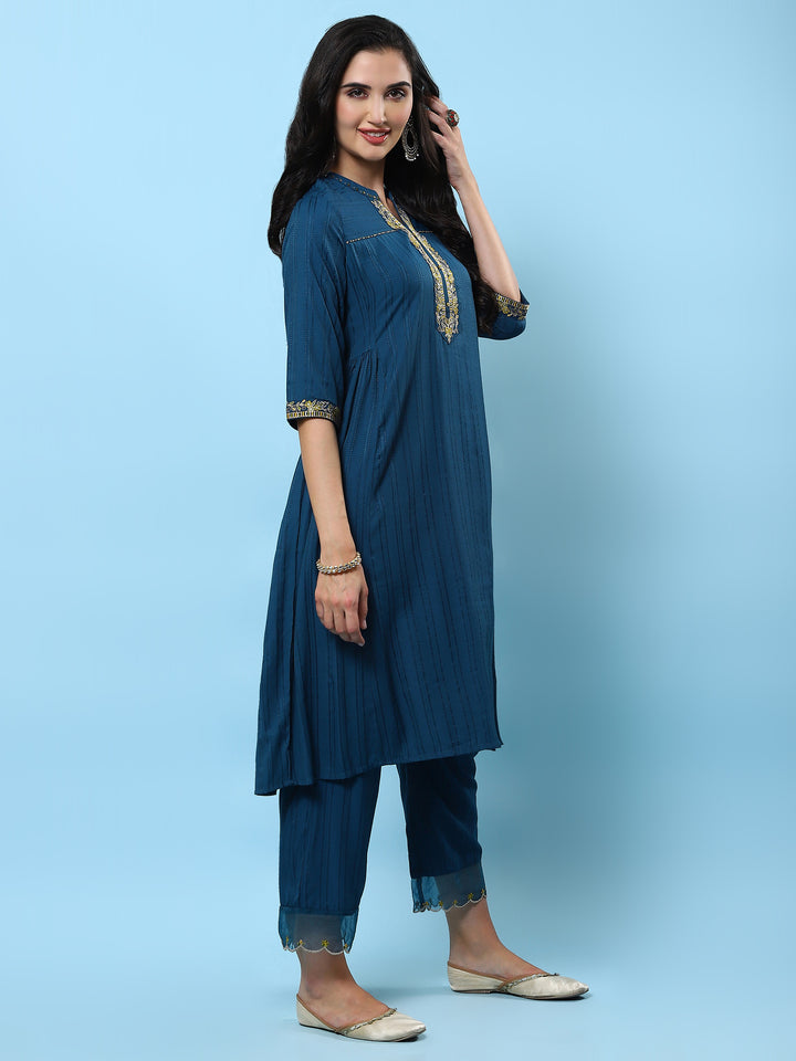 Women's Poly Viscose Blue Embroidered Kurta With Comfort Pant