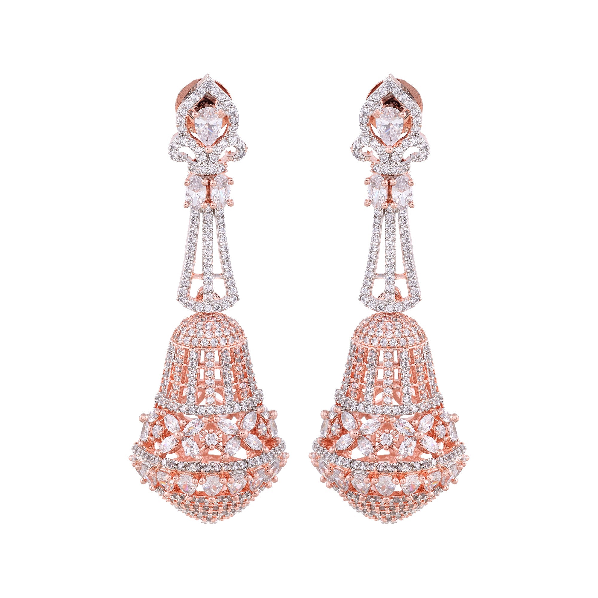 Rose Gold Plated With White American Diamond Studded Handcrafted Bell Shaped Jhumka for Women and Girls