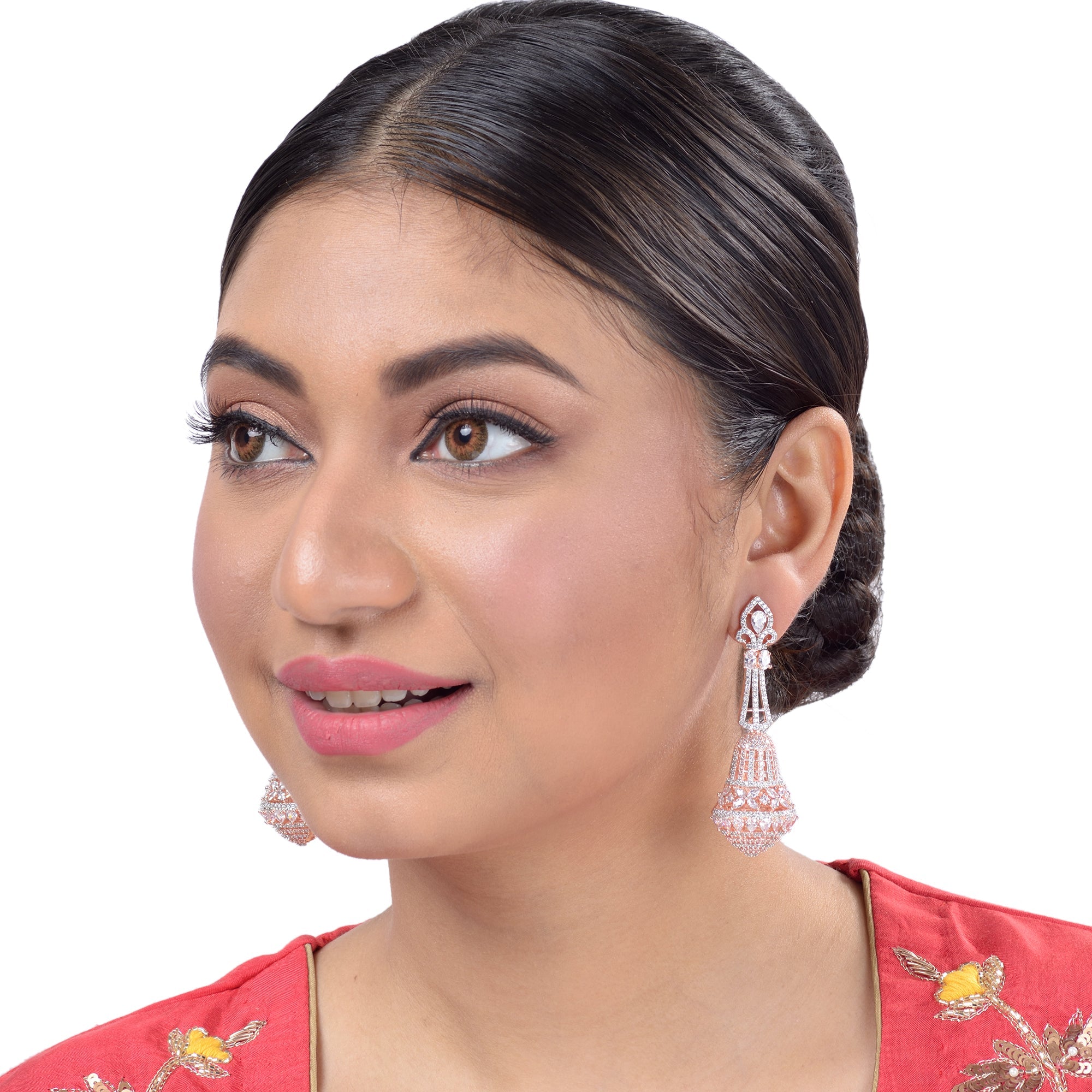 Rose Gold Plated With White American Diamond Studded Handcrafted Bell Shaped Jhumka for Women and Girls