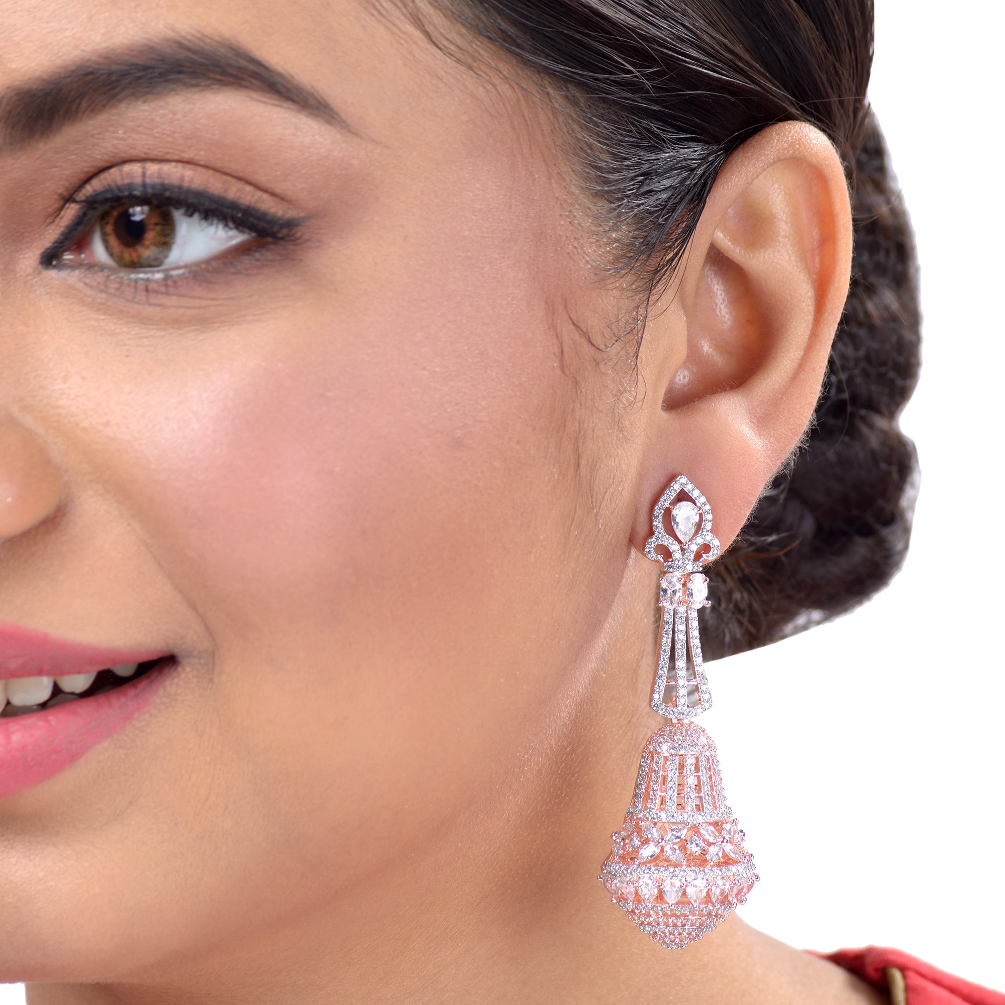 Rose Gold Plated With White American Diamond Studded Handcrafted Bell Shaped Jhumka for Women and Girls