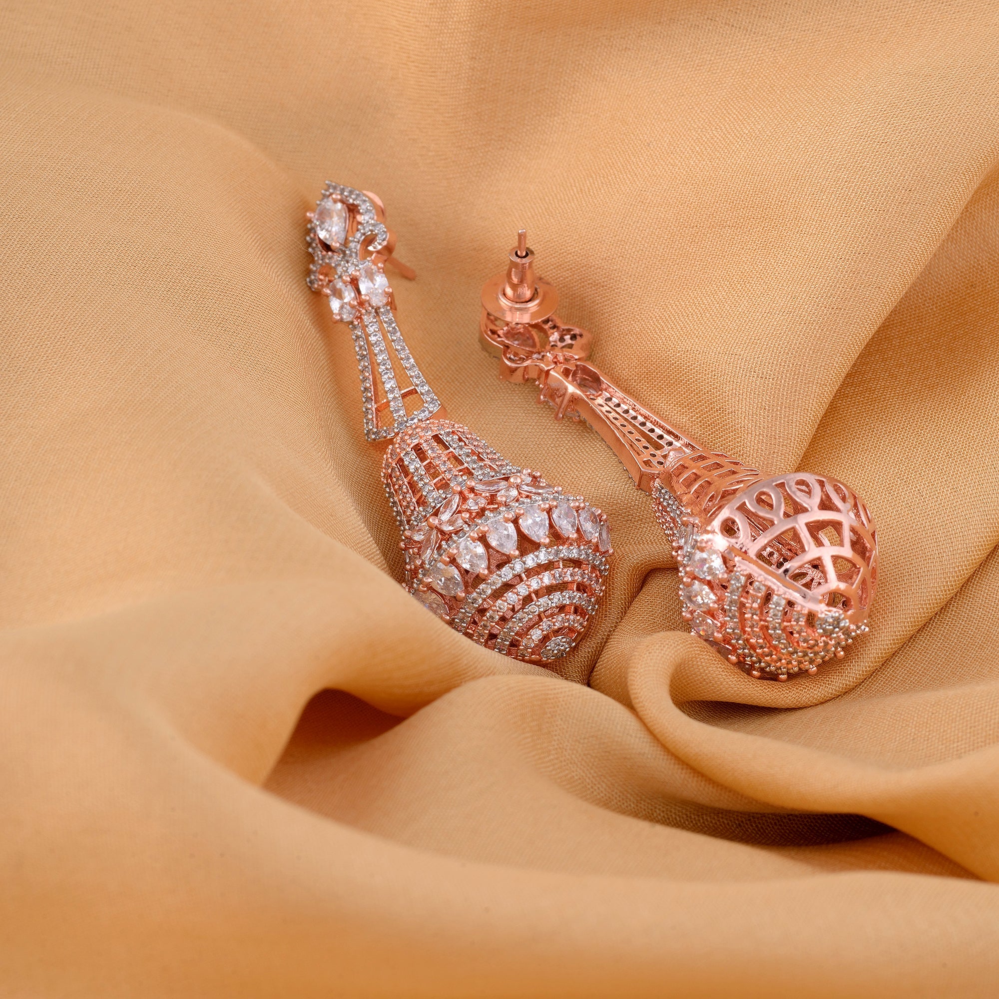 Rose Gold Plated With White American Diamond Studded Handcrafted Bell Shaped Jhumka for Women and Girls