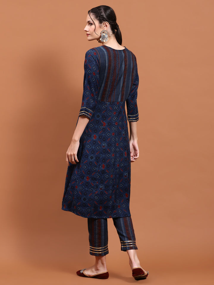Women's Liva (Rayon) Navy Blue Geometric Print Kurta With Trouser