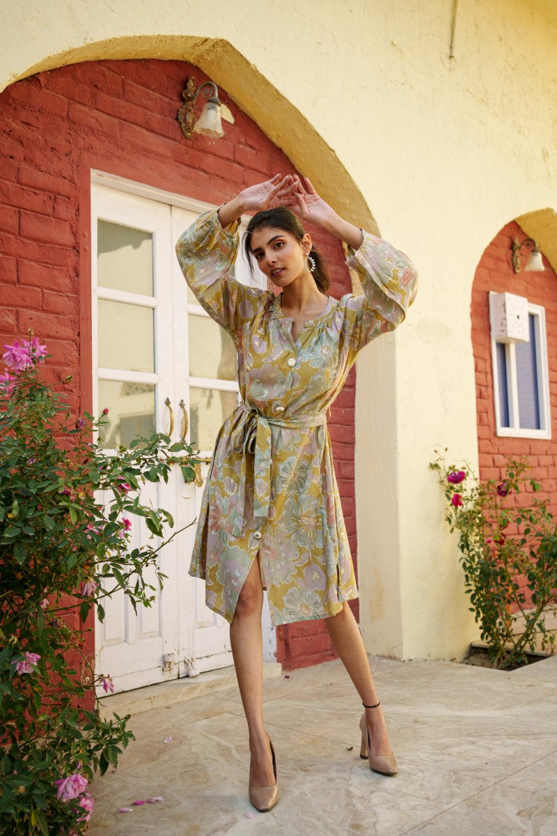 Women's Green Muslin Floral Printed Knee Length Dress Trendia Women's Green Muslin Floral Printed Knee Length Dress Trendia