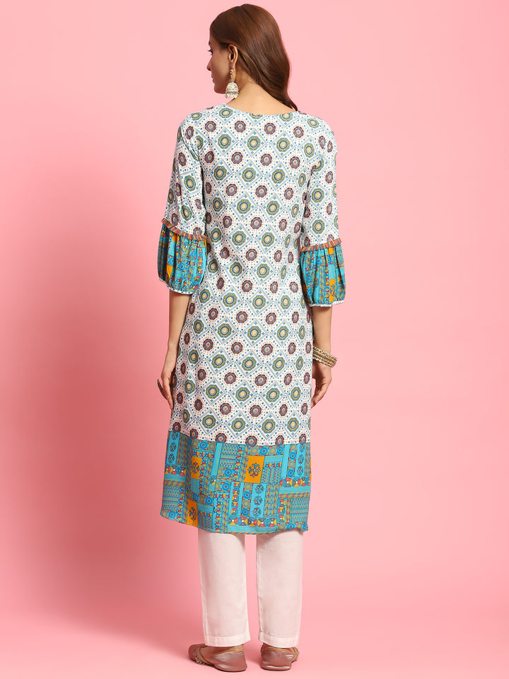 Women's Liva (Rayon) White Geometric Print Kurta