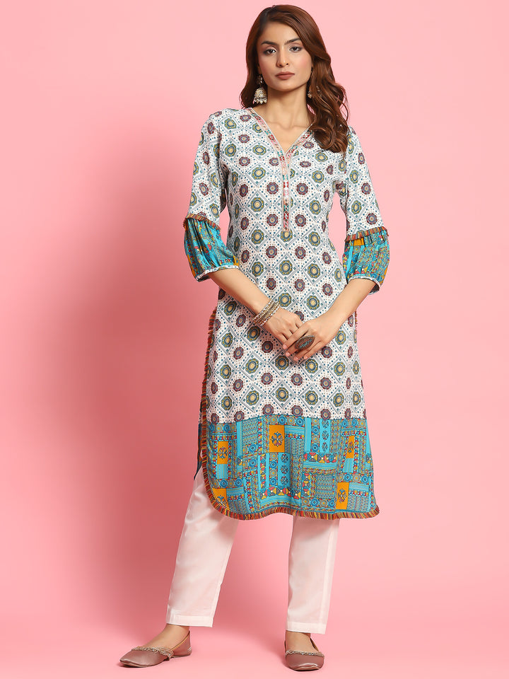 Women's Liva (Rayon) White Geometric Print Kurta